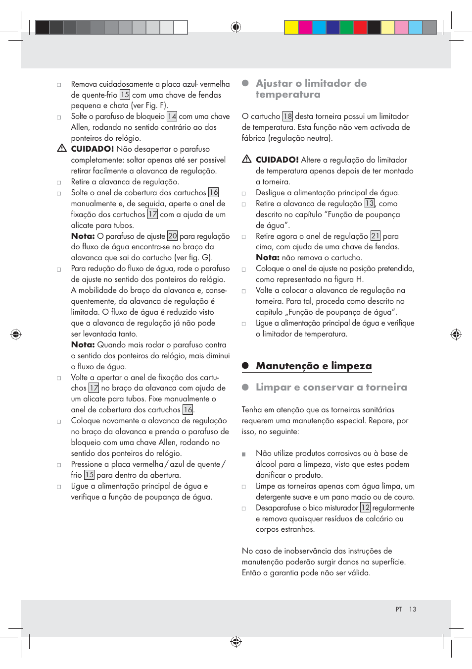 Ajustar o limitador de temperatura, Manutenção e limpeza limpar e conservar a torneira | Miomare Z31166A User Manual | Page 13 / 25