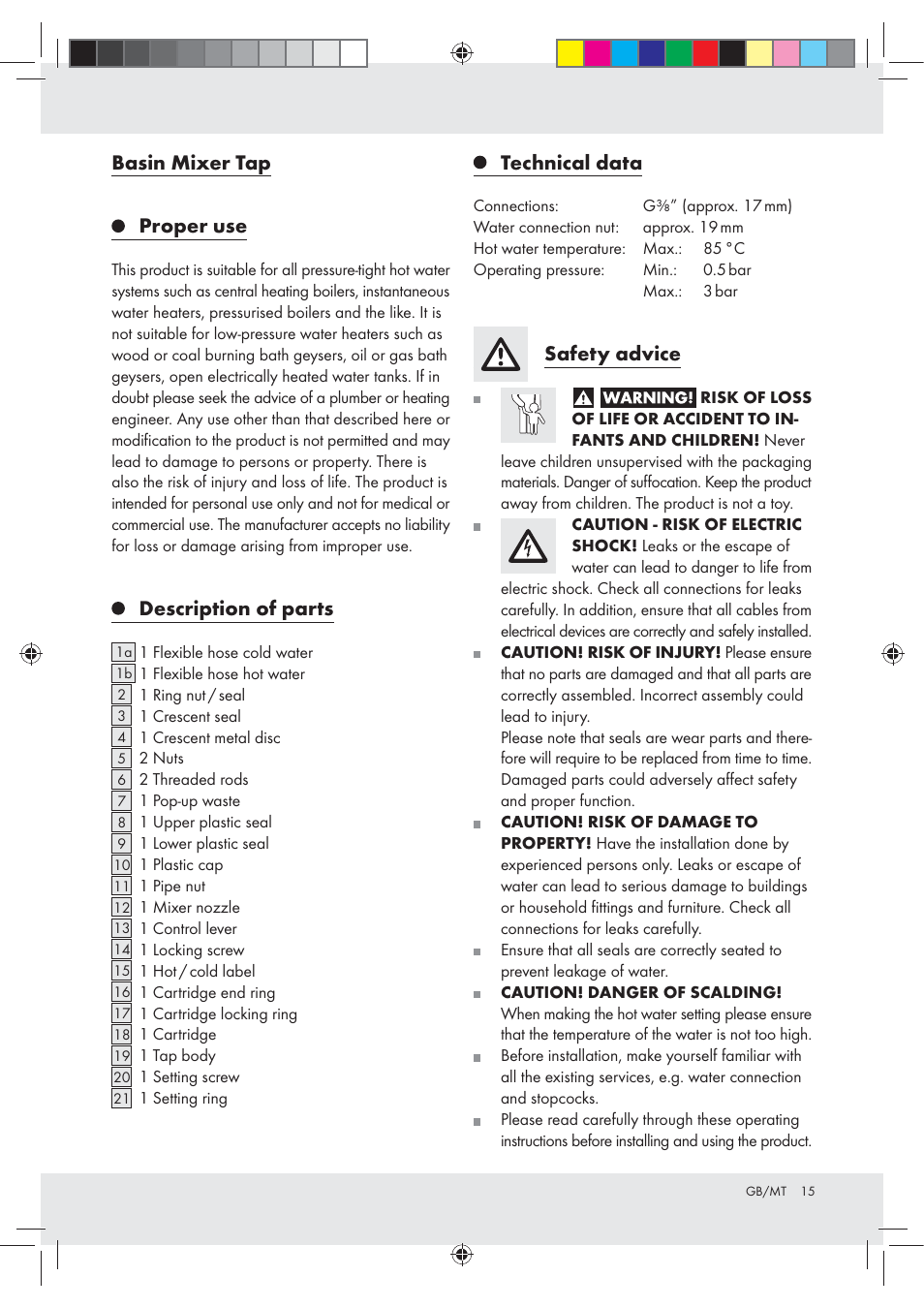 Basin mixer tap proper use, Description of parts, Technical data | Safety advice | Miomare Z31166A User Manual | Page 15 / 25