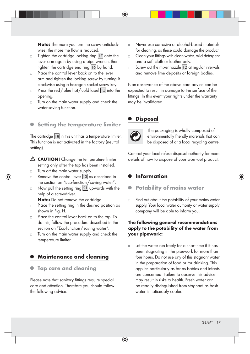 Setting the temperature limiter, Maintenance and cleaning tap care and cleaning, Disposal | Information potability of mains water | Miomare Z31166A User Manual | Page 17 / 25