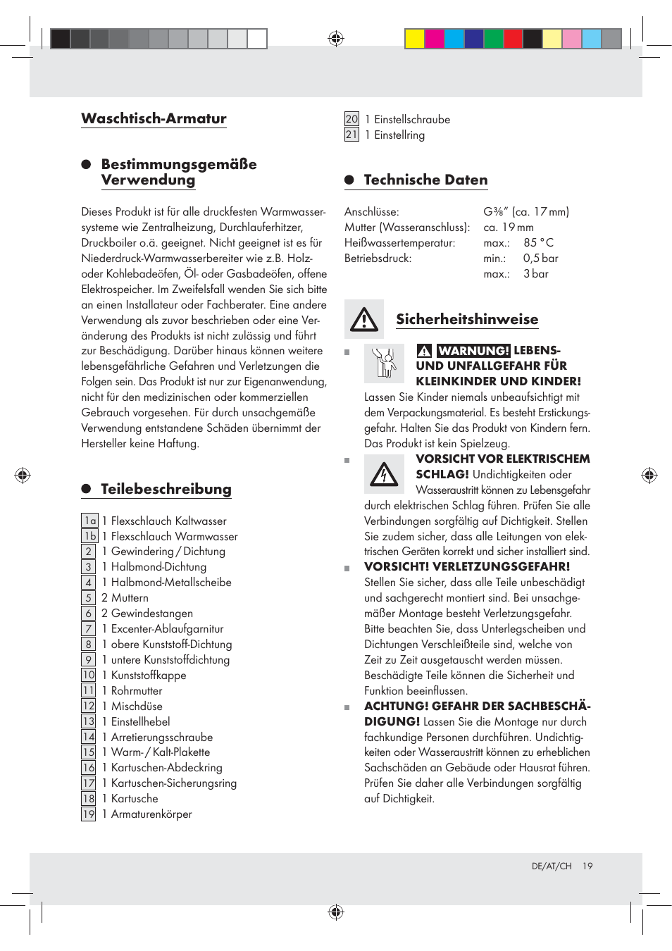 Waschtisch-armatur bestimmungsgemäße verwendung, Teilebeschreibung, Technische daten | Sicherheitshinweise | Miomare Z31166A User Manual | Page 19 / 25