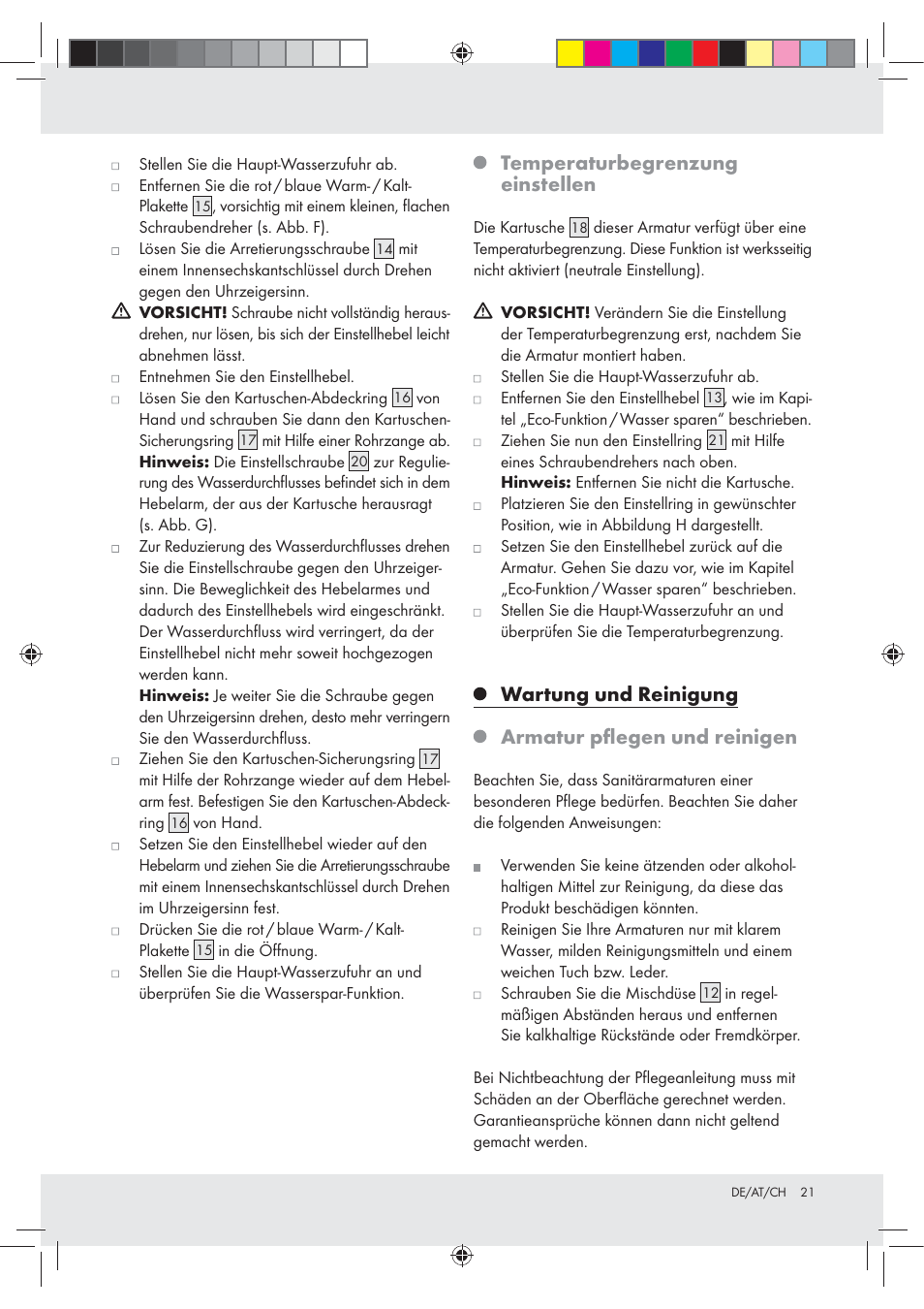 Temperaturbegrenzung einstellen, Wartung und reinigung armatur pﬂegen und reinigen | Miomare Z31166A User Manual | Page 21 / 25