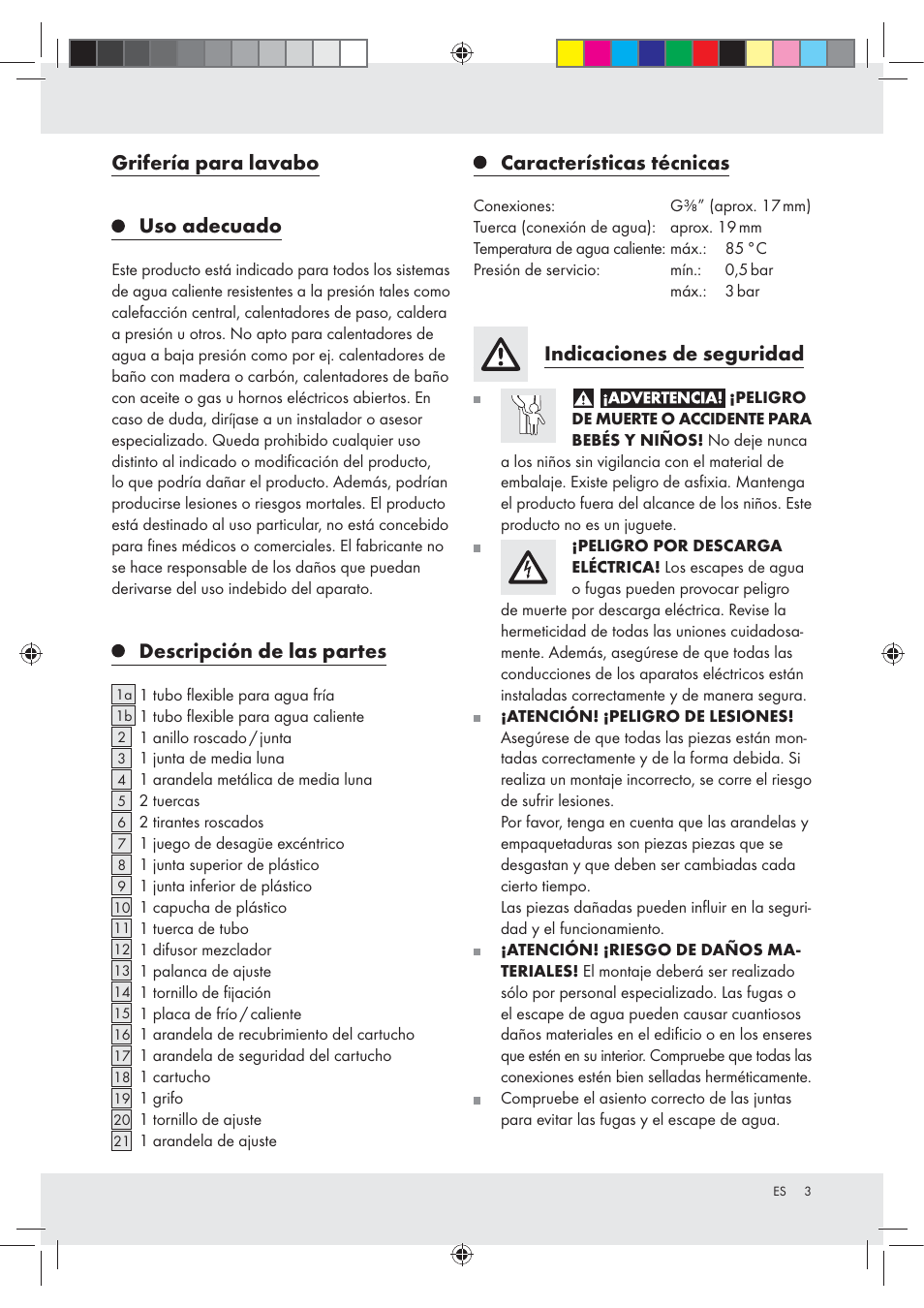 Grifería para lavabo uso adecuado, Descripción de las partes, Características técnicas | Indicaciones de seguridad | Miomare Z31166A User Manual | Page 3 / 25