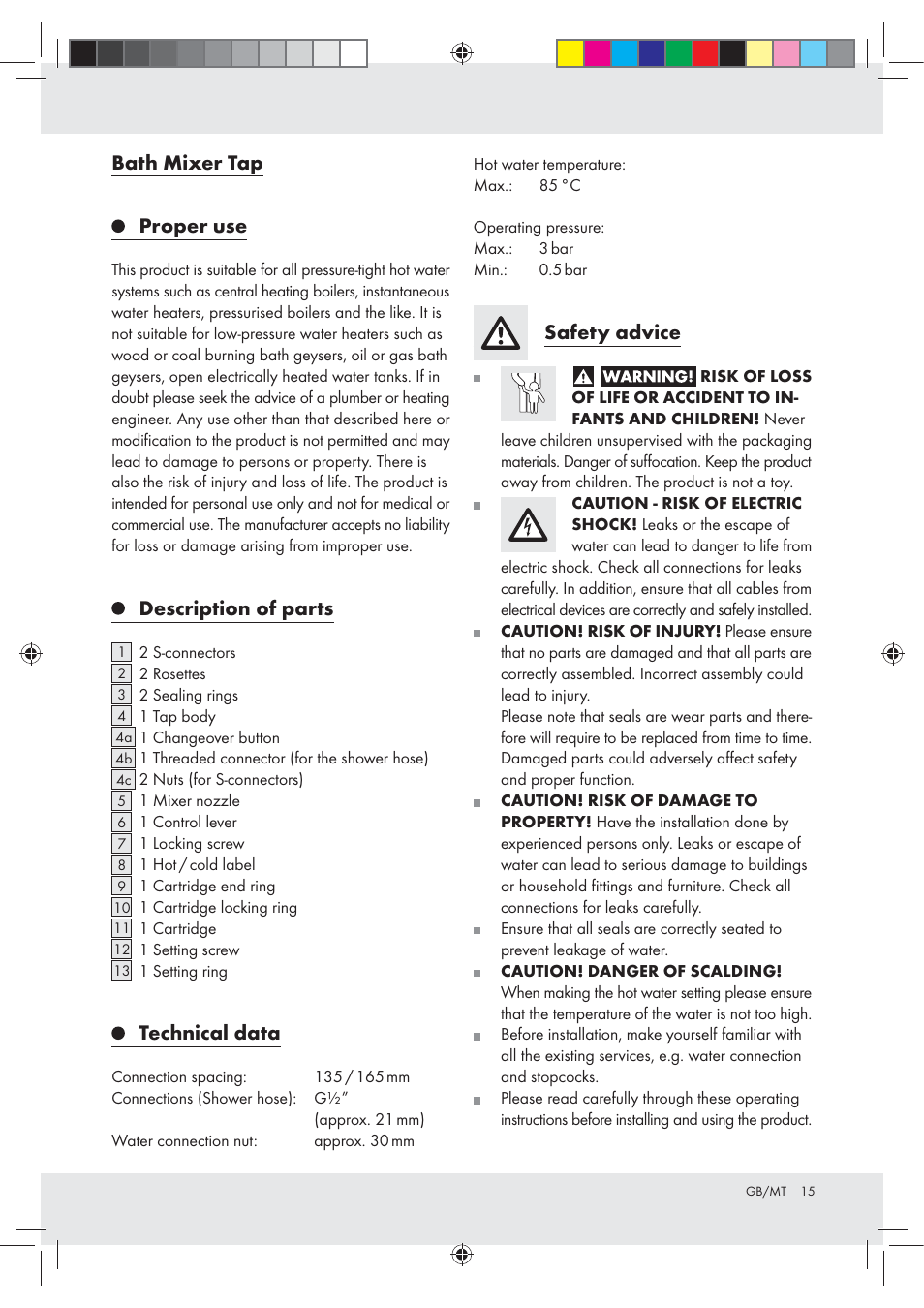 Bath mixer tap proper use, Description of parts, Technical data | Safety advice | Miomare Z31166B User Manual | Page 15 / 24