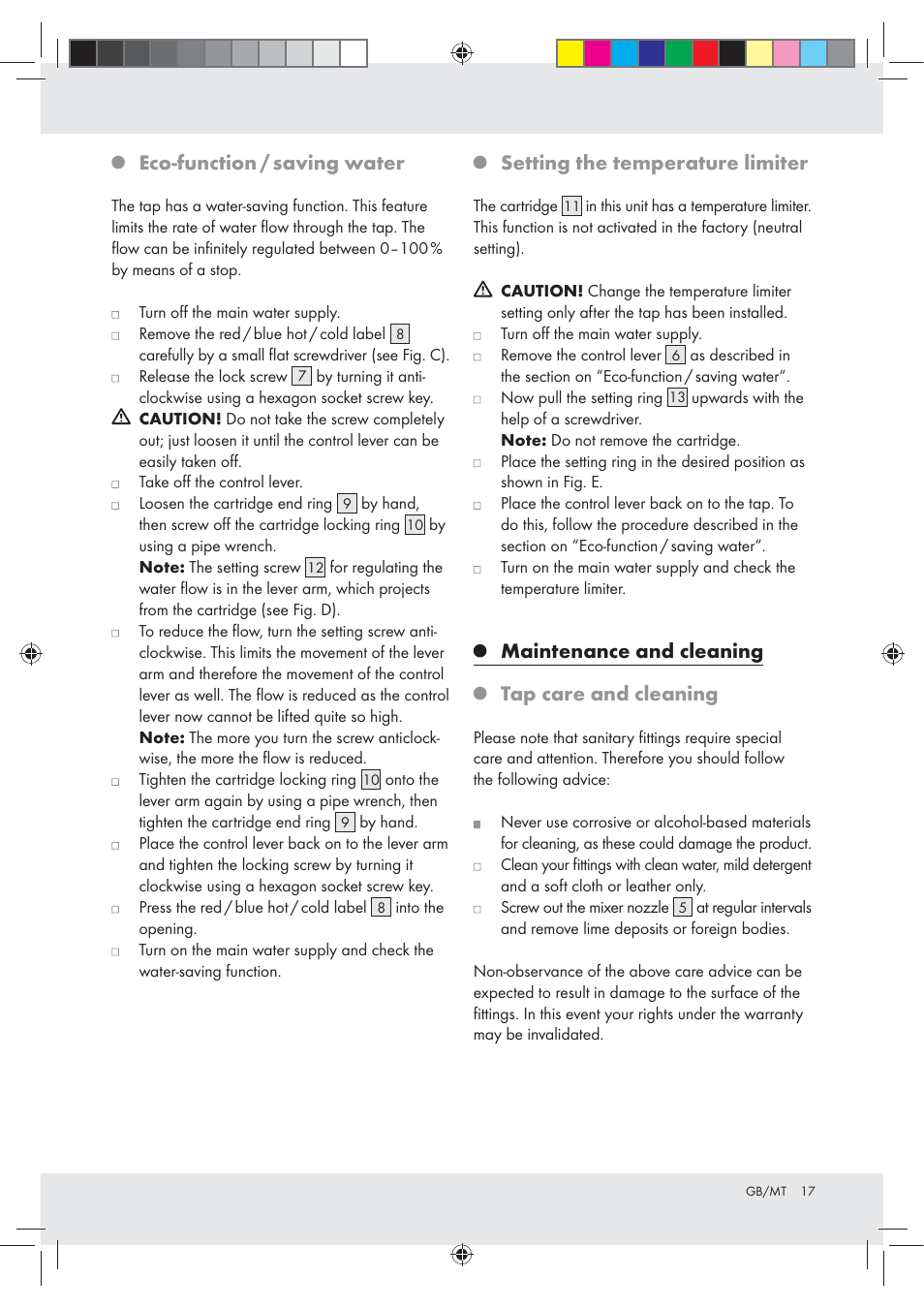 Eco-function / saving water, Setting the temperature limiter, Maintenance and cleaning tap care and cleaning | Miomare Z31166B User Manual | Page 17 / 24