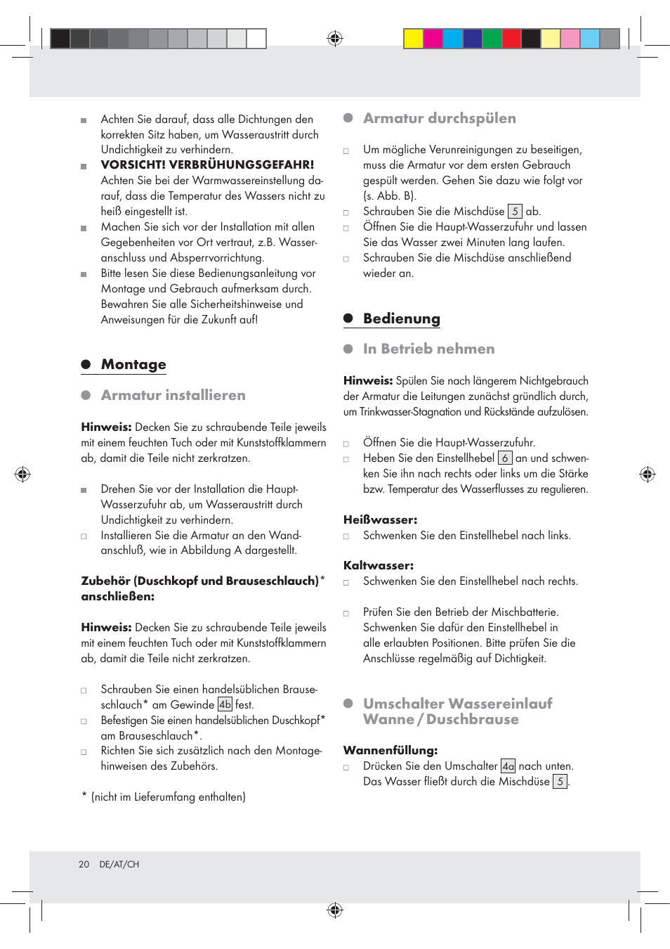 Montage armatur installieren, Armatur durchspülen, Bedienung in betrieb nehmen | Umschalter wassereinlauf wanne / duschbrause | Miomare Z31166B User Manual | Page 20 / 24