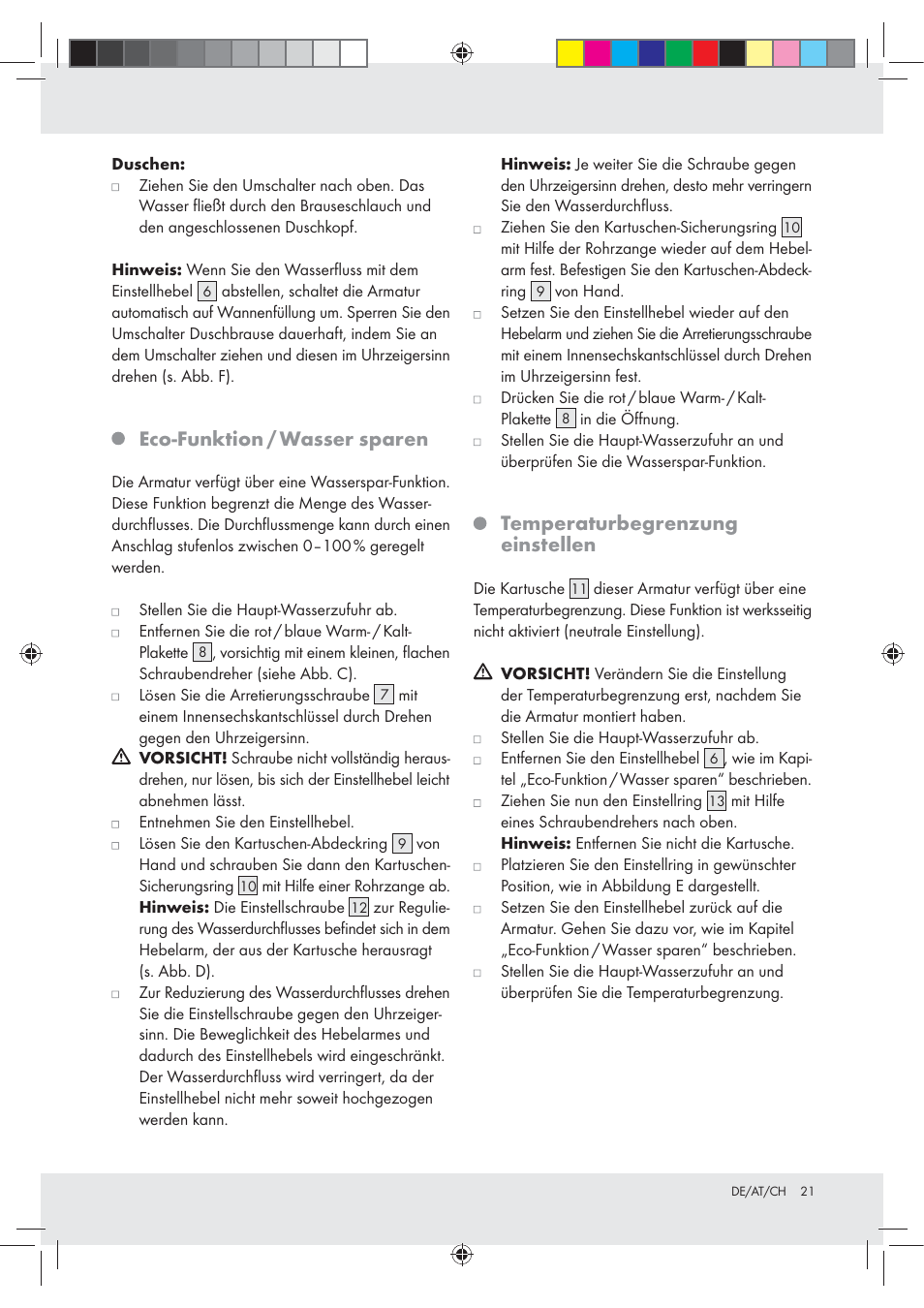 Eco-funktion / wasser sparen, Temperaturbegrenzung einstellen | Miomare Z31166B User Manual | Page 21 / 24