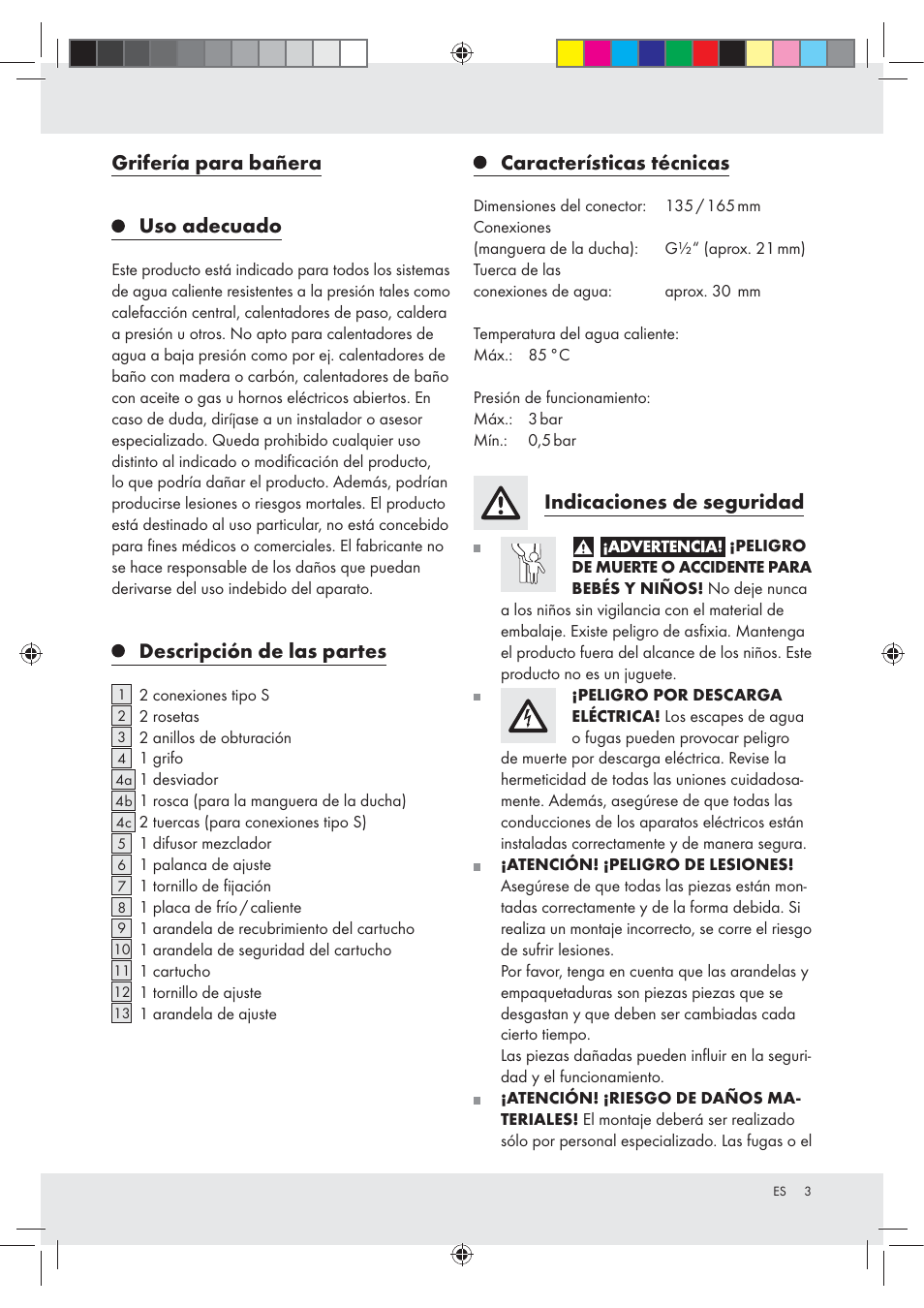 Grifería para bañera uso adecuado, Descripción de las partes, Características técnicas | Indicaciones de seguridad | Miomare Z31166B User Manual | Page 3 / 24