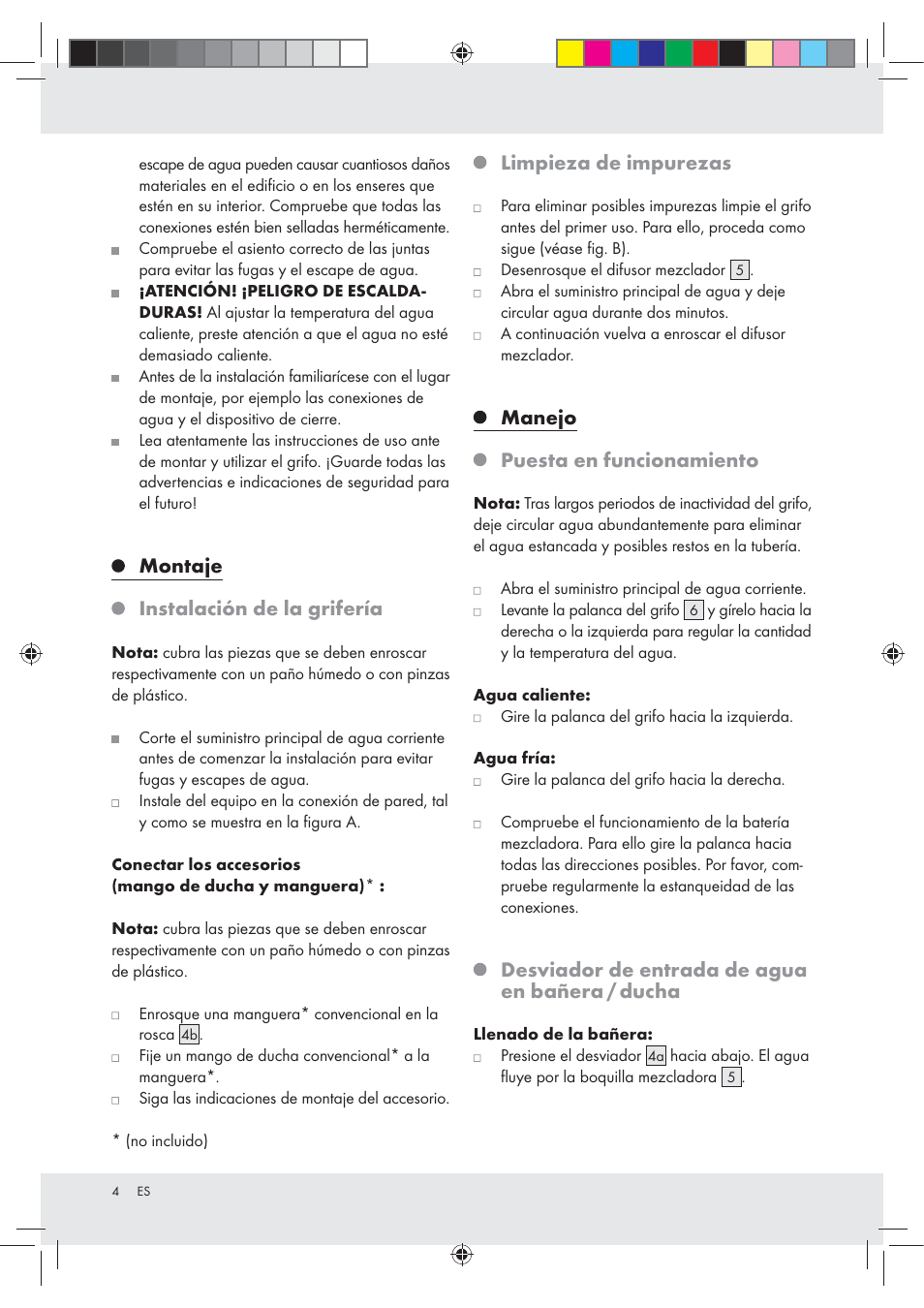 Montaje instalación de la grifería, Limpieza de impurezas, Manejo puesta en funcionamiento | Desviador de entrada de agua en bañera / ducha | Miomare Z31166B User Manual | Page 4 / 24
