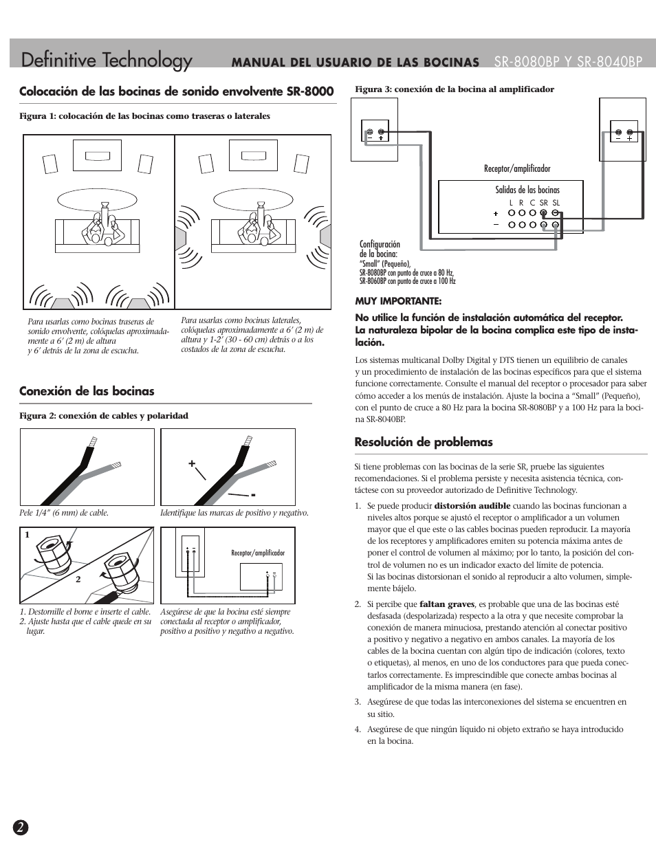 Definitive technology, Manual del usuario de las bocinas, Conexión de las bocinas | Resolución de problemas | Definitive Technology SR-8080BP User Manual | Page 10 / 12
