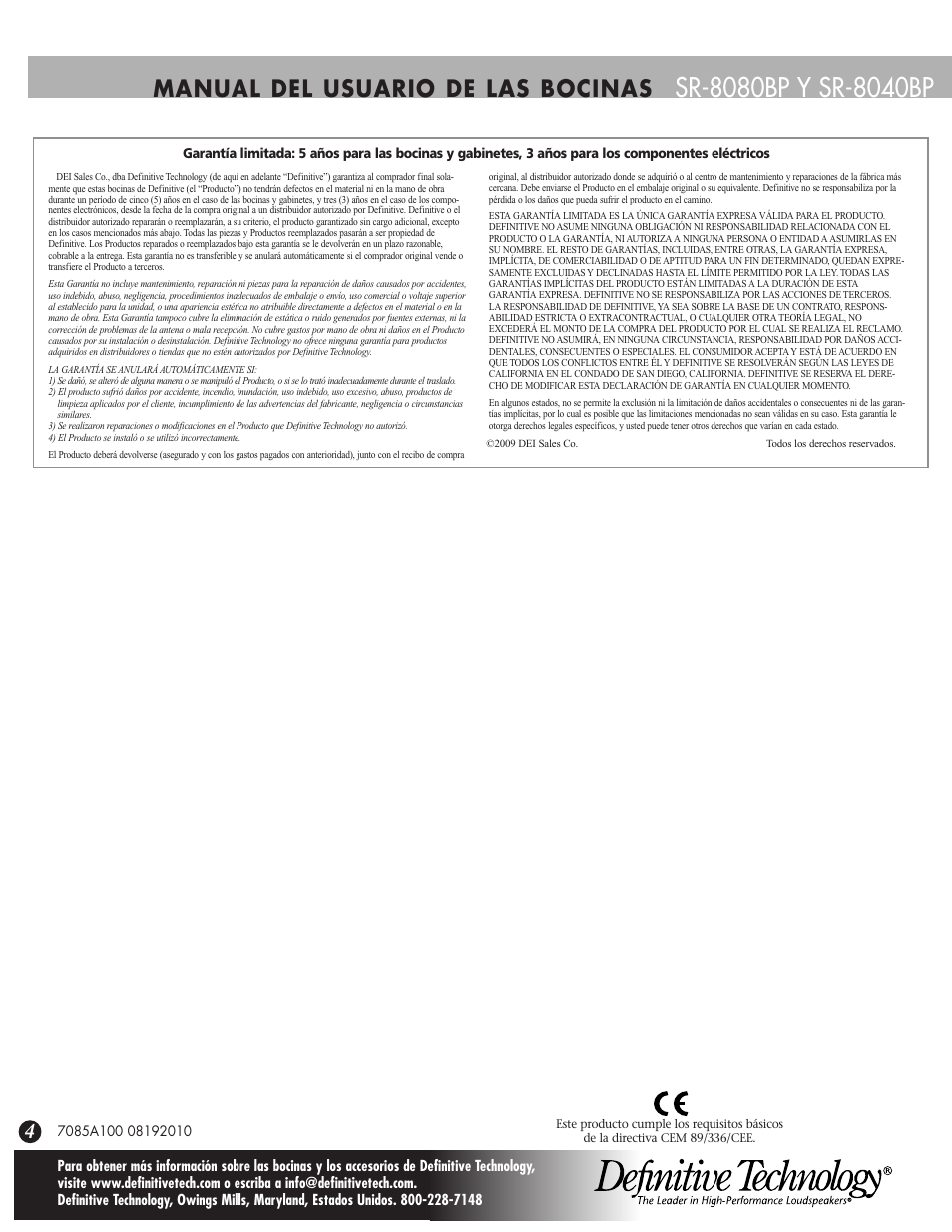 Manual del usuario de las bocinas | Definitive Technology SR-8080BP User Manual | Page 12 / 12