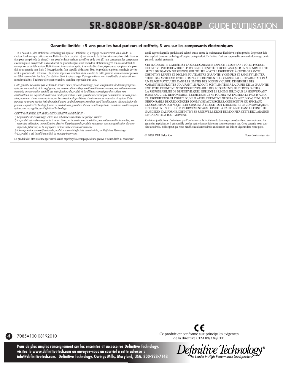 Guide d’utilisation | Definitive Technology SR-8080BP User Manual | Page 8 / 12