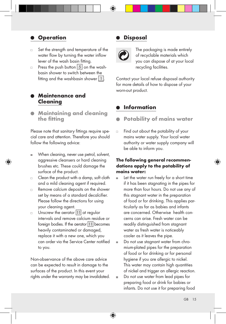 Operation, Disposal, Information potability of mains water | Miomare Basin Spray Shower Attachment User Manual | Page 11 / 12