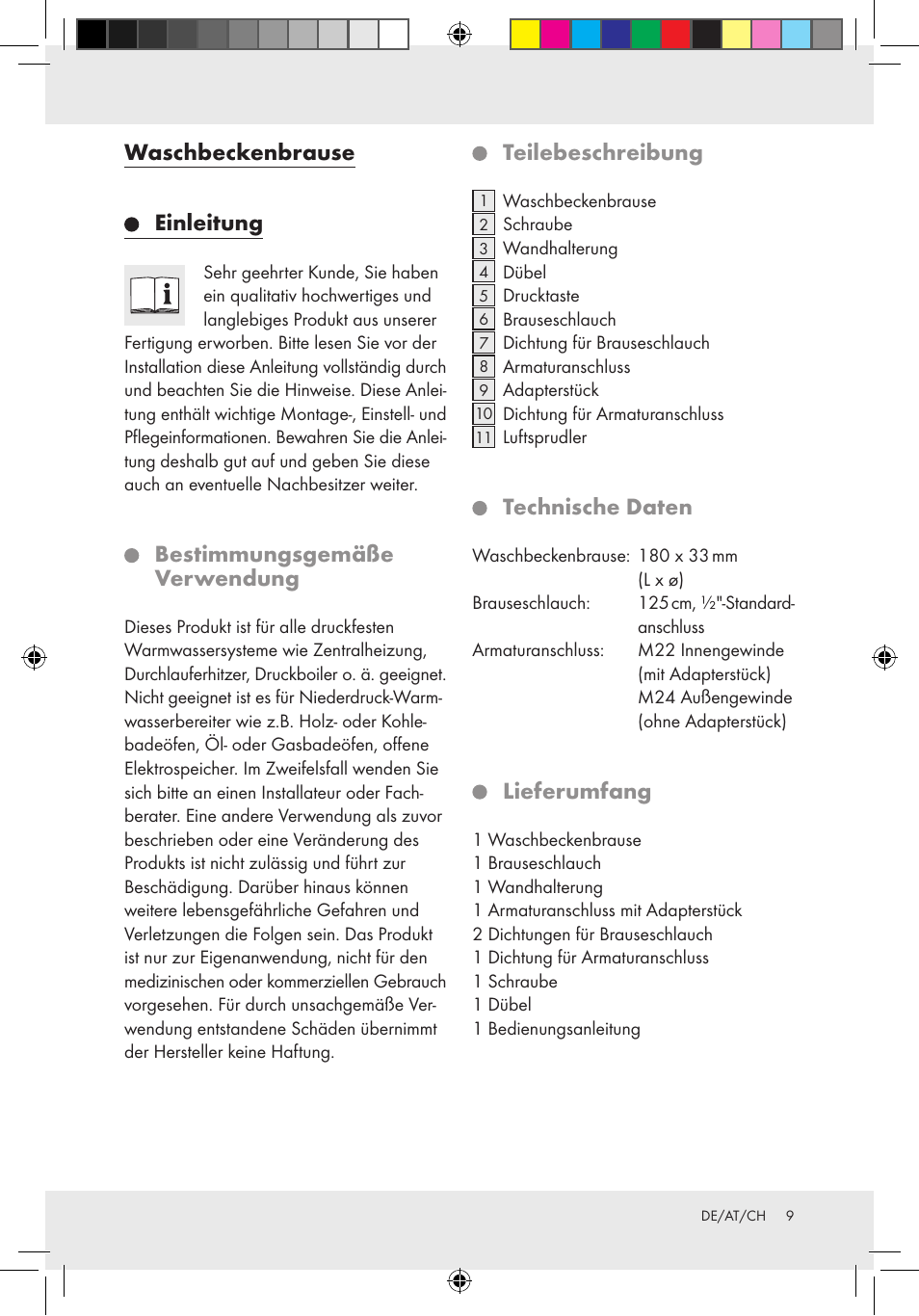 Waschbeckenbrause einleitung, Bestimmungsgemäße verwendung, Teilebeschreibung | Technische daten, Lieferumfang | Miomare Basin Spray Shower Attachment User Manual | Page 5 / 12