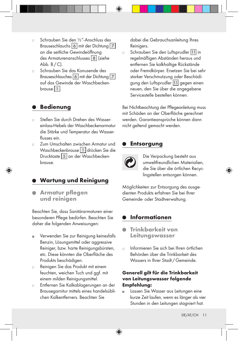 Bedienung, Wartung und reinigung armatur pflegen und reinigen, Entsorgung | Informationen trinkbarkeit von leitungswasser | Miomare Basin Spray Shower Attachment User Manual | Page 7 / 12