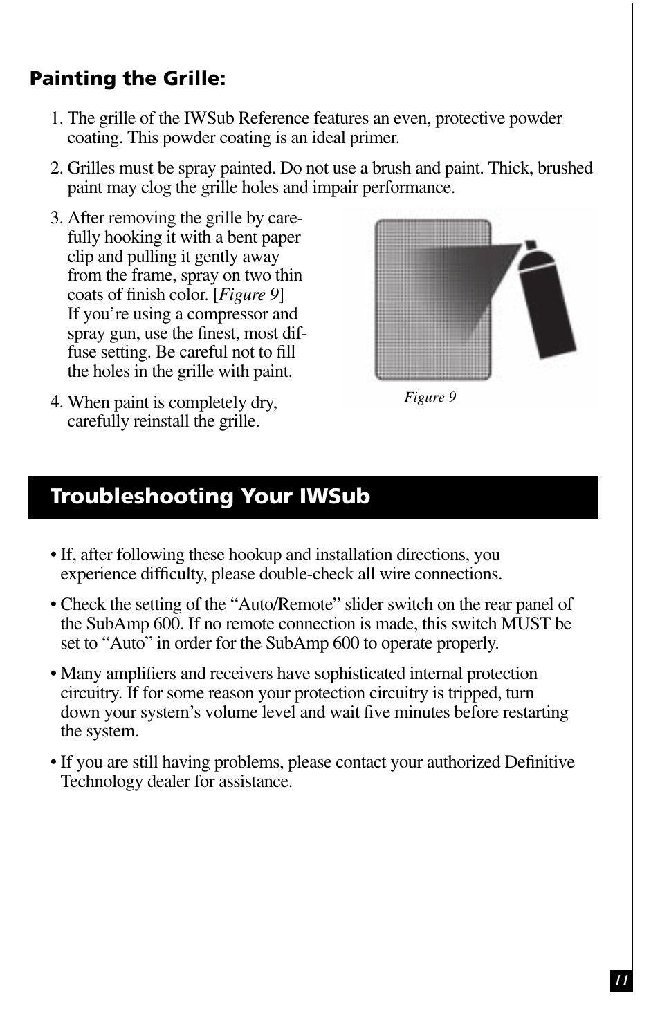 Troubleshooting your iwsub | Definitive Technology IWSUB REFERENCE 600 User Manual | Page 11 / 14