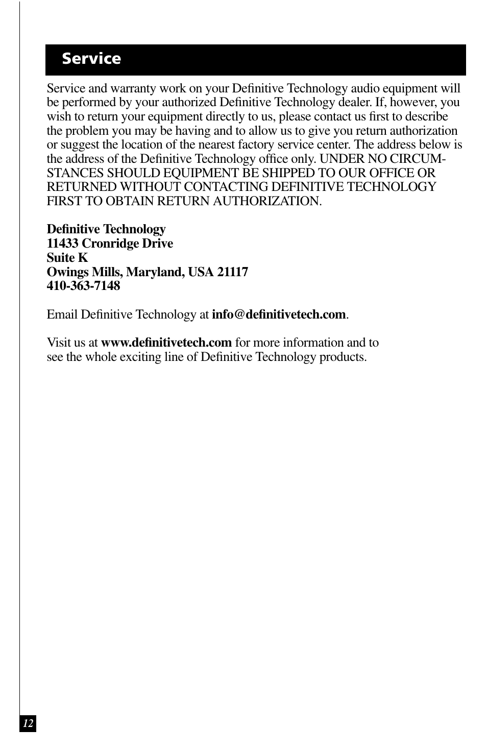 Service | Definitive Technology IWSUB REFERENCE 600 User Manual | Page 12 / 14