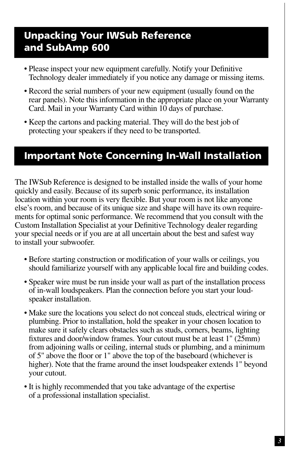 Unpacking your iwsub reference and subamp 600 | Definitive Technology IWSUB REFERENCE 600 User Manual | Page 3 / 14