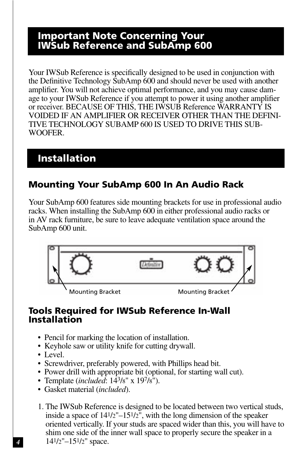 Installation, Mounting your subamp 600 in an audio rack | Definitive Technology IWSUB REFERENCE 600 User Manual | Page 4 / 14