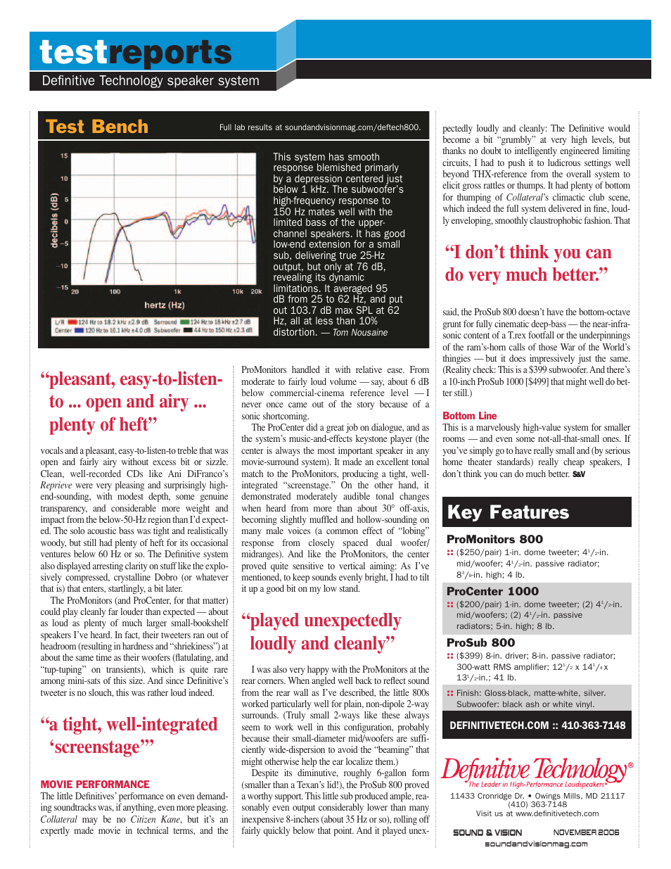 Test reports, Key features, Test bench | Definitive technology speaker system | Definitive Technology ProCinema 800 SV1106 User Manual | Page 2 / 2