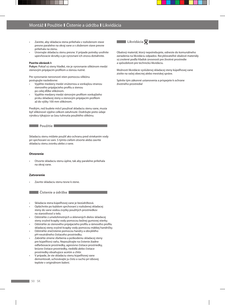 Montáž ι použitie ι čistenie a údržba ι likvidácia | Miomare VS3L User Manual | Page 50 / 66