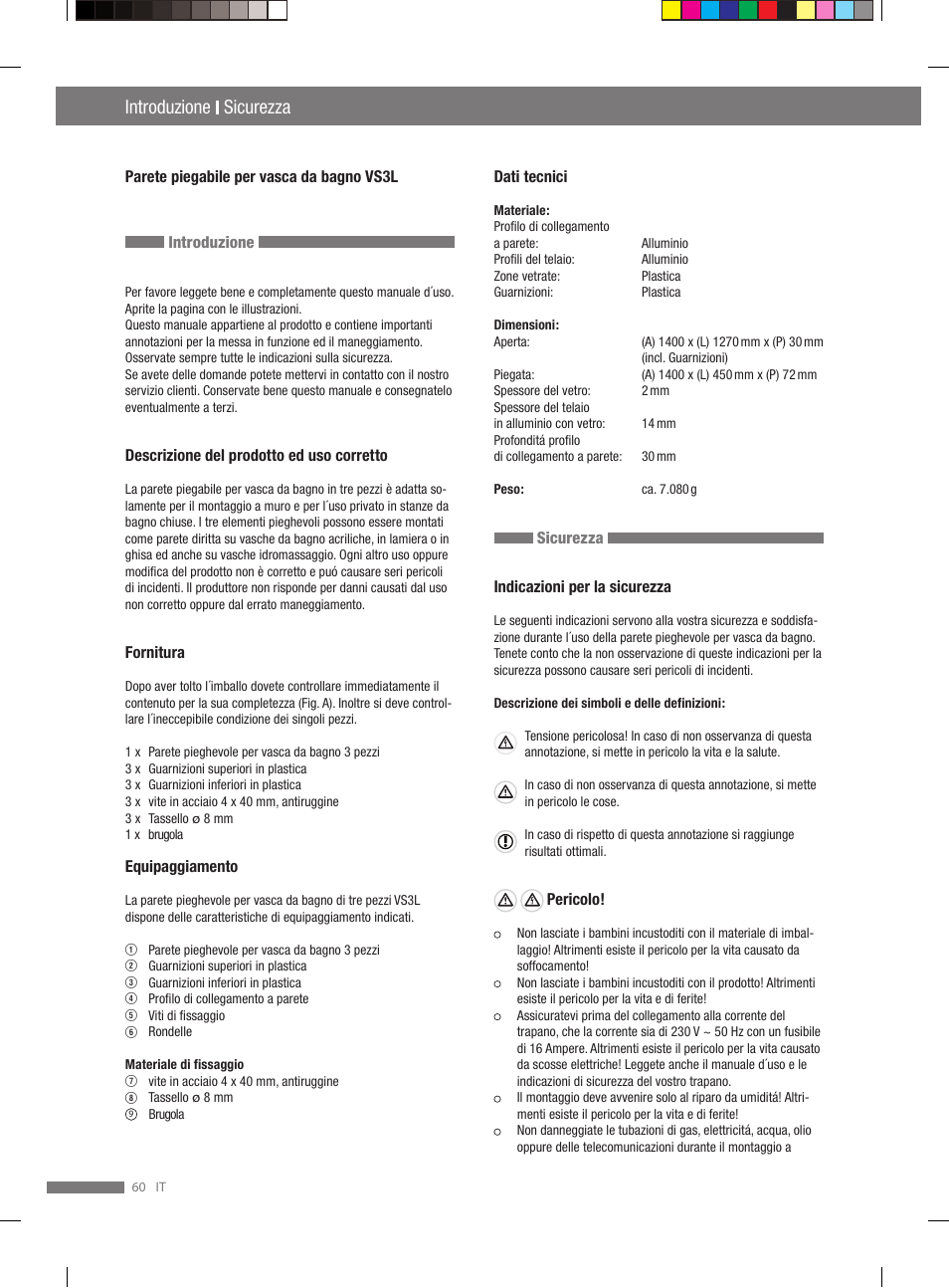 Sicurezza montaggio, Introduzione sicurezza | Miomare VS3L User Manual | Page 60 / 66