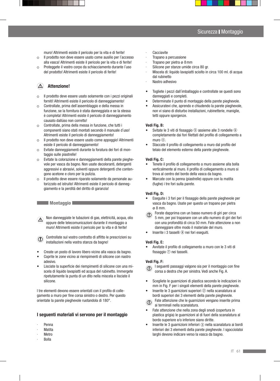 Sicurezza montaggio, Introduzione sicurezza | Miomare VS3L User Manual | Page 61 / 66