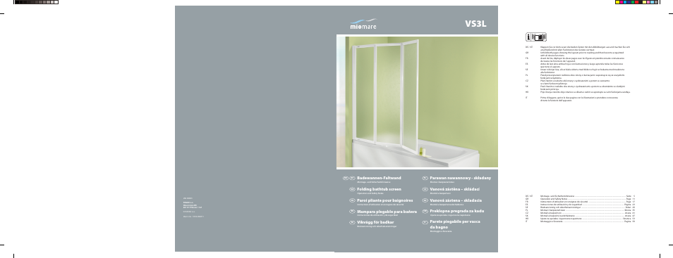Vs3l, Badewannen-faltwand, Folding bathtub screen | Paroi pliante pour baignoires, Parete piegabile per vasca da bagno, Resguardo para banheira, Vouwwand voor het bad, Πτυσσόμενο παραβάν μπανιέρας, Vikvägg för badkar | Miomare VS3L User Manual | Page 66 / 66