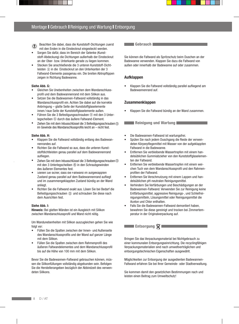 Montage gebrauch reinigung und wartung entsorgung, Garantie / service | Miomare VS3L User Manual | Page 8 / 66