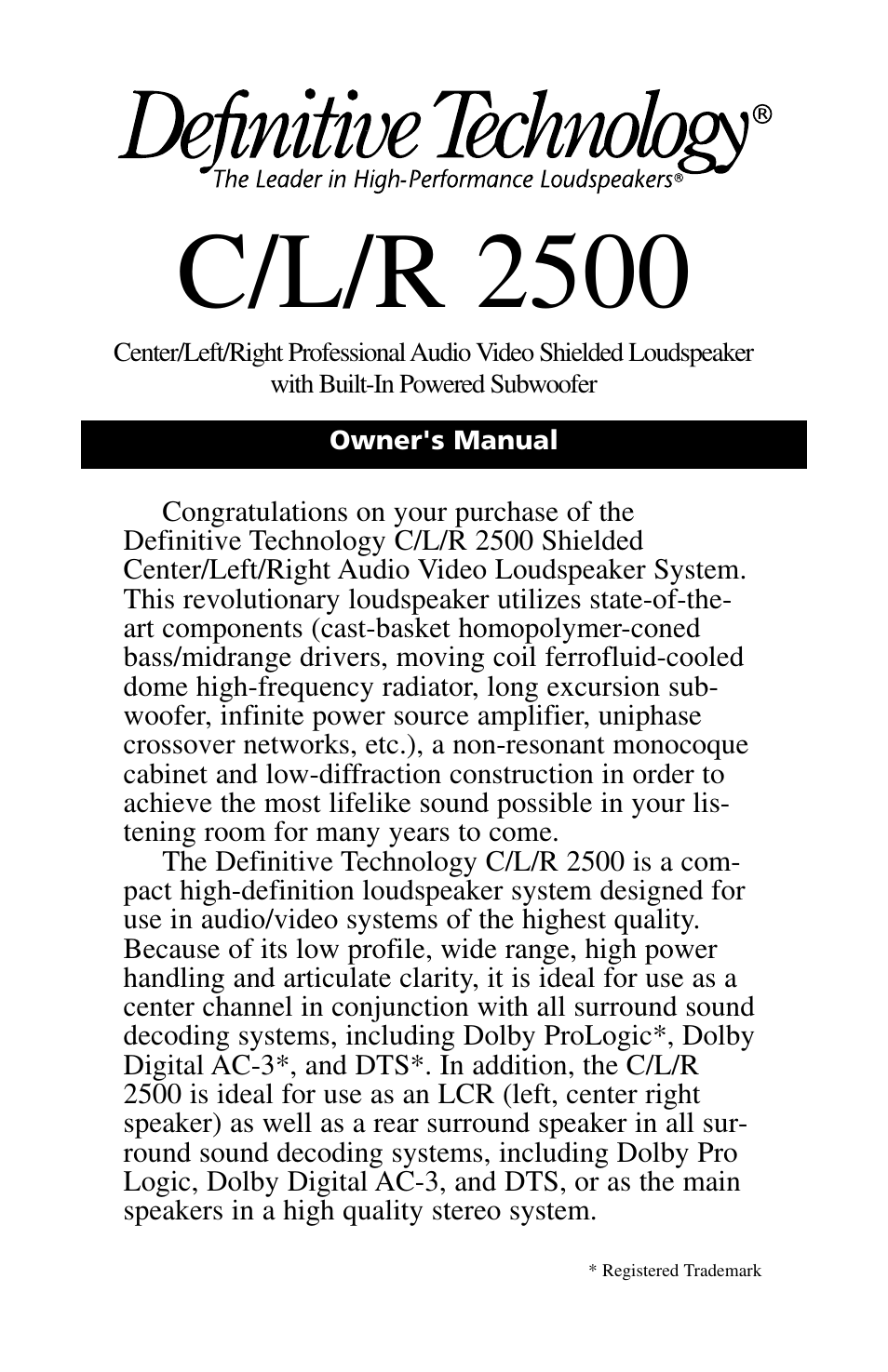 Definitive Technology C/L/R 2500 User Manual | 14 pages