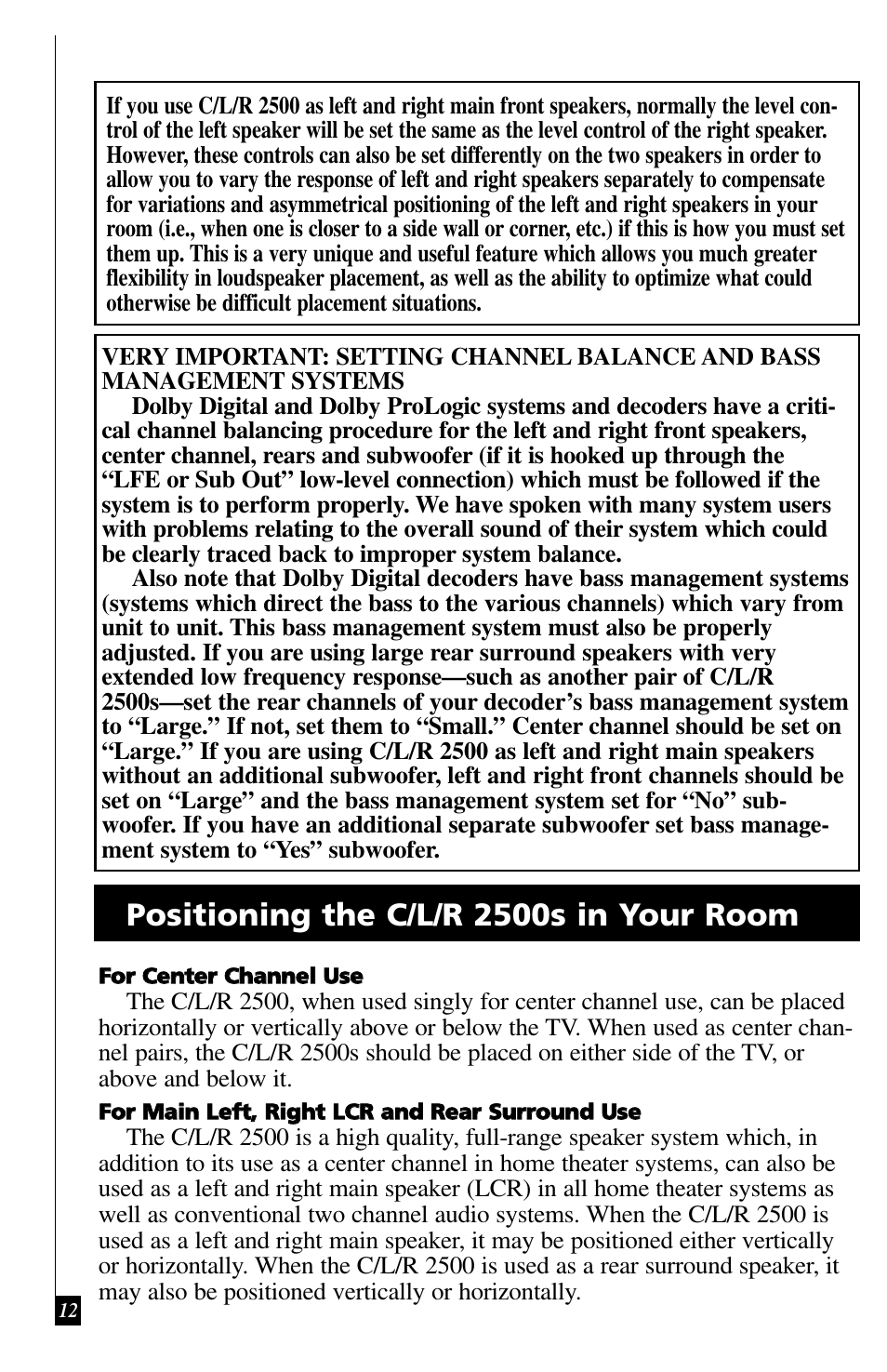 Positioning the c/l/r 2500s in your room | Definitive Technology C/L/R 2500 User Manual | Page 12 / 14