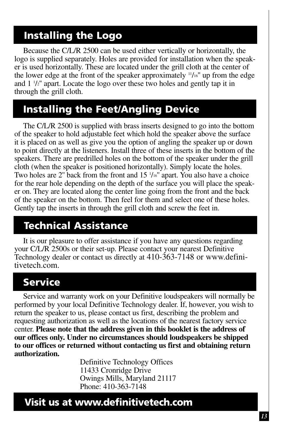 Service | Definitive Technology C/L/R 2500 User Manual | Page 13 / 14