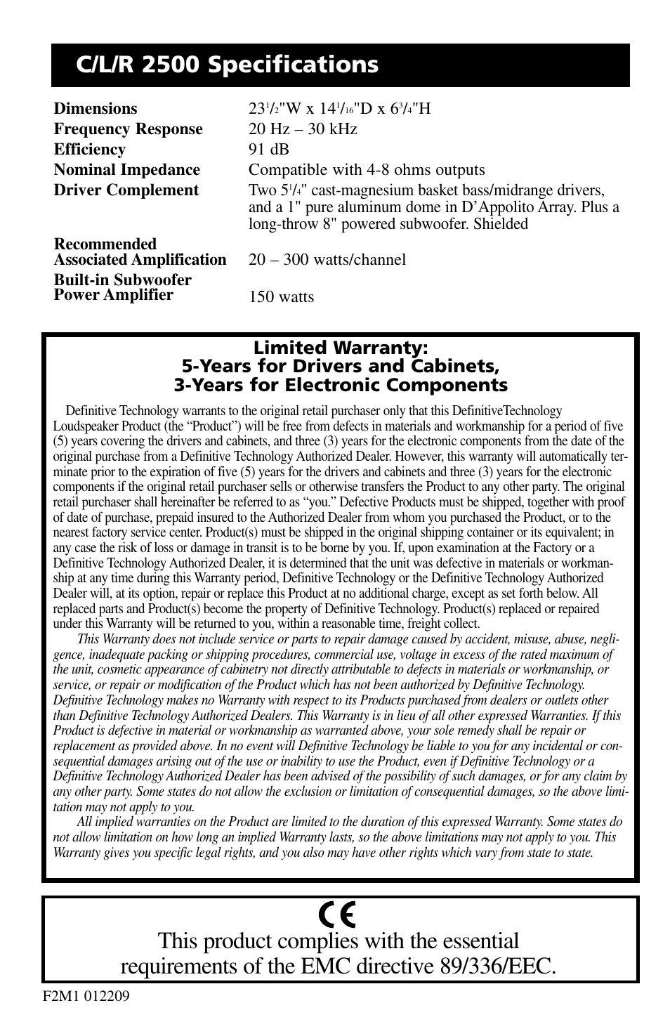 Definitive Technology C/L/R 2500 User Manual | Page 14 / 14