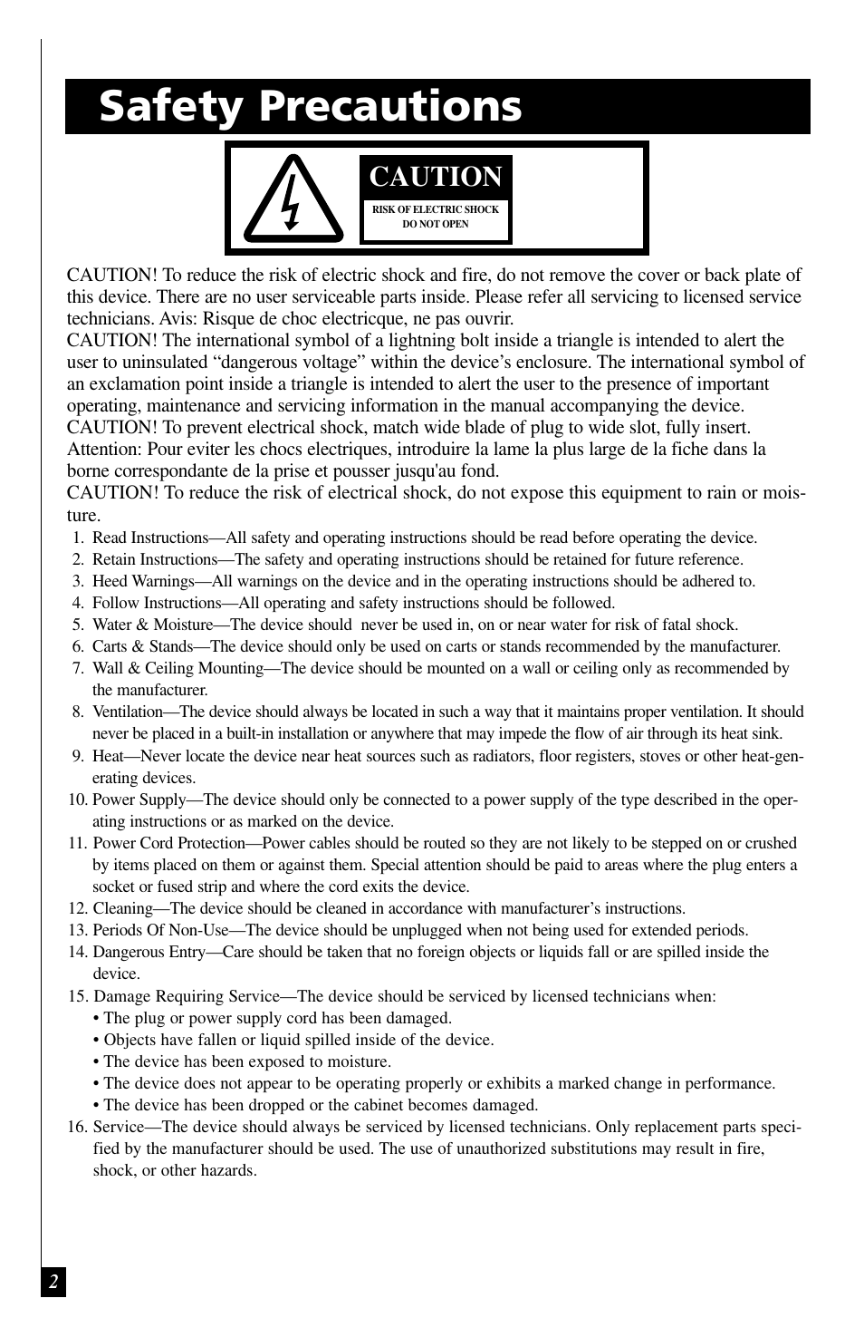 Safety precautions, Caution | Definitive Technology C/L/R 2500 User Manual | Page 2 / 14