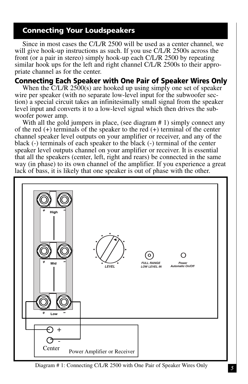 Connecting your loudspeakers, Center | Definitive Technology C/L/R 2500 User Manual | Page 5 / 14