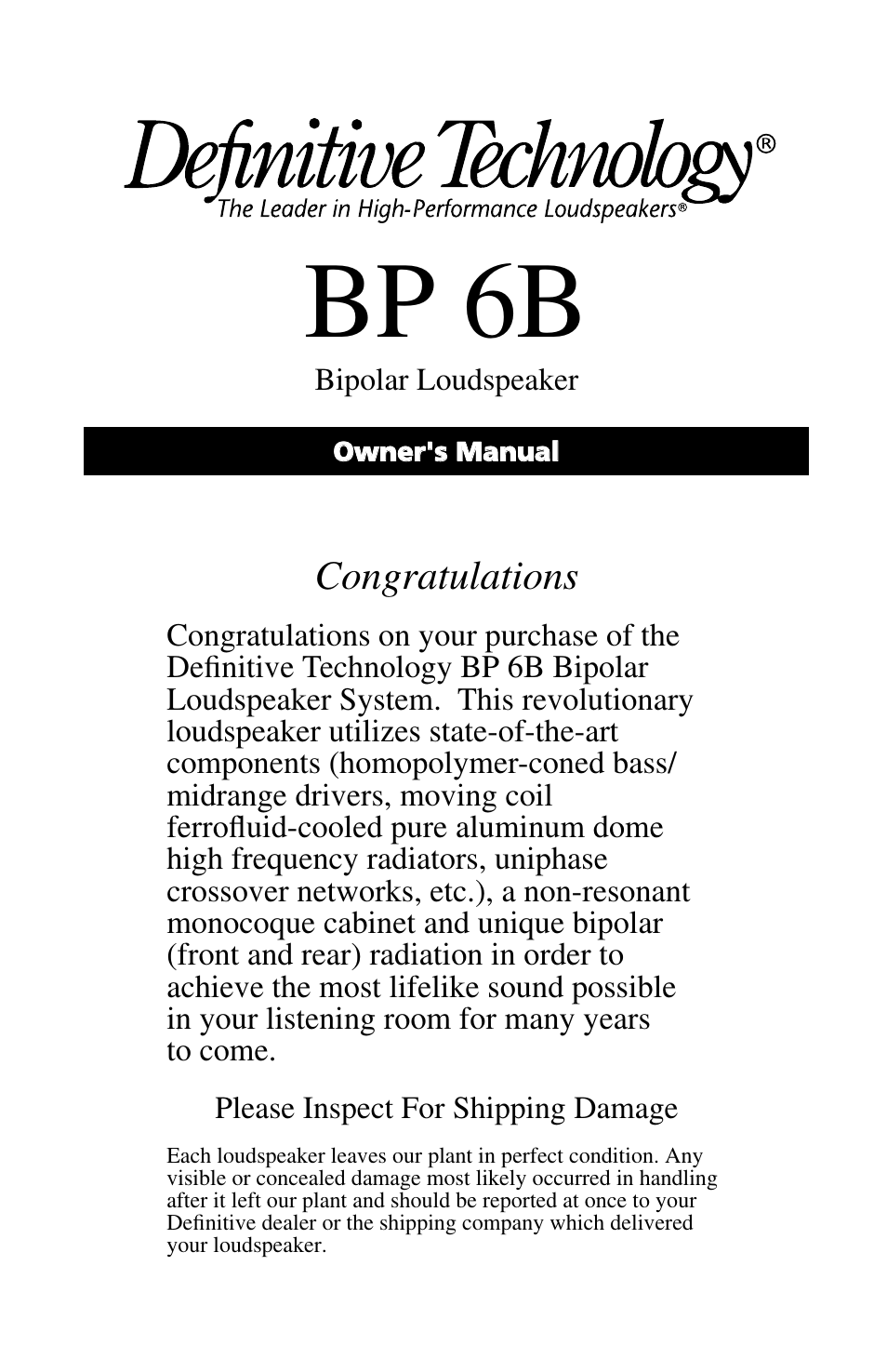 Definitive Technology BP 6B User Manual | 4 pages