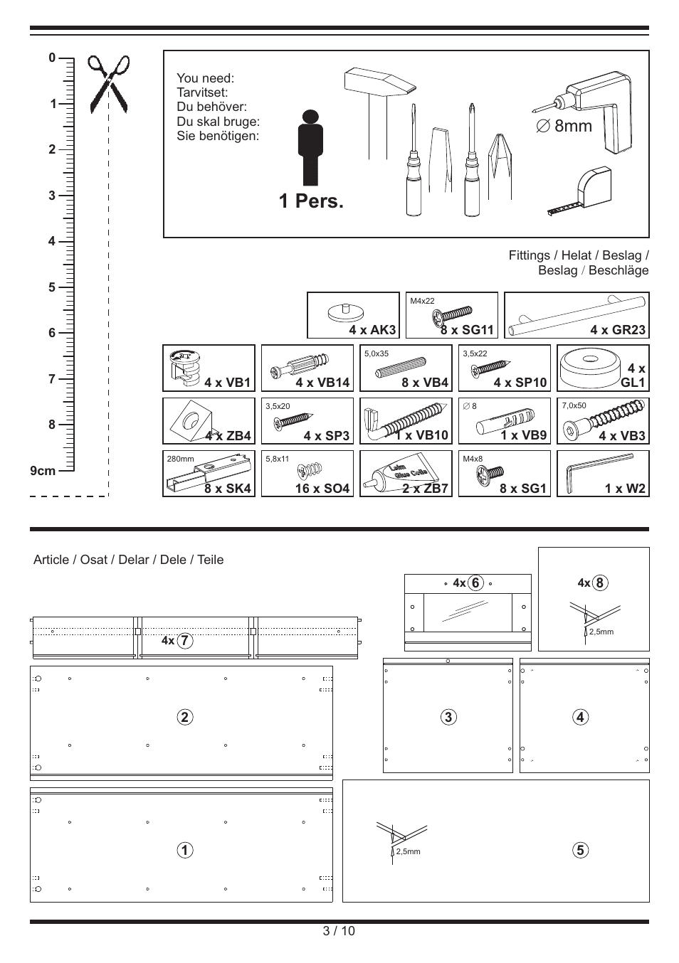 1 pers, E 8mm | Miomare Bathroom Chest of Drawers User Manual | Page 3 / 10