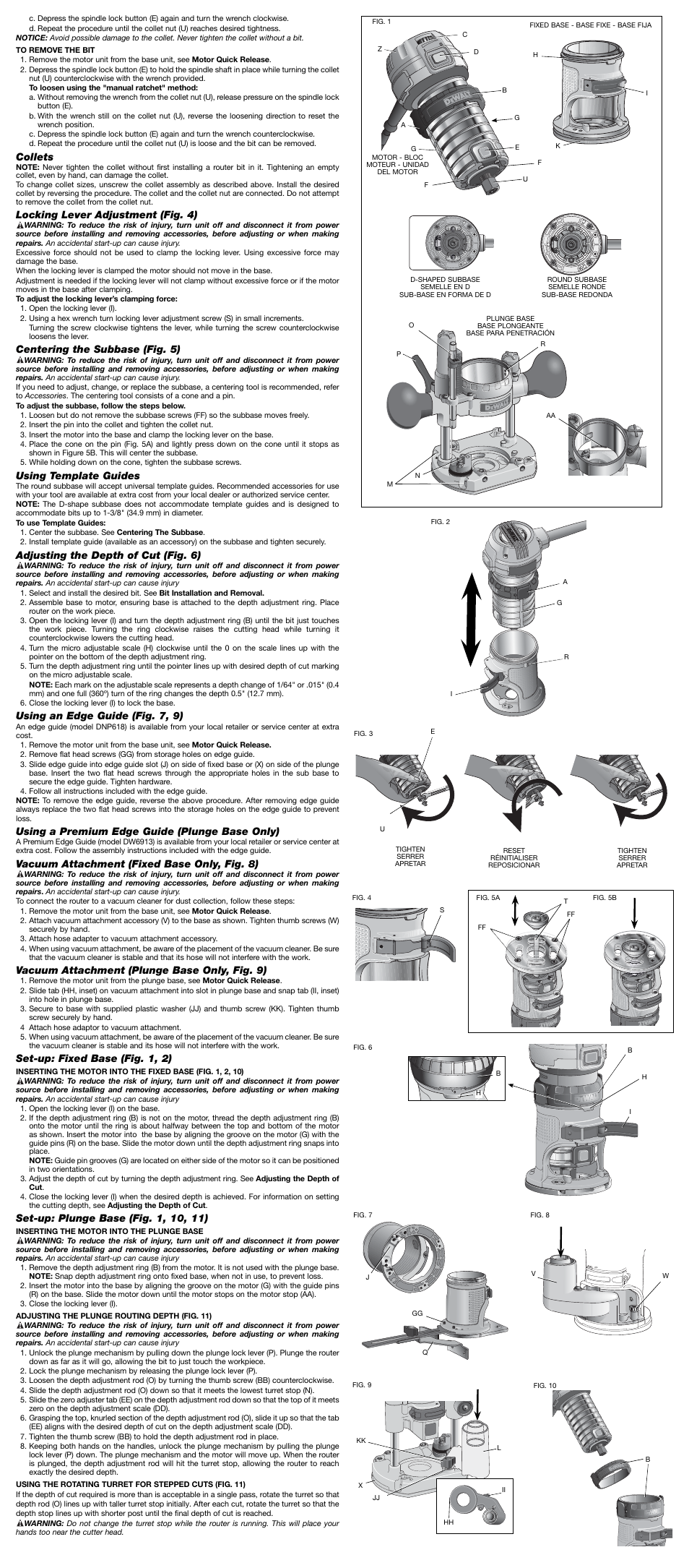 Collets, Locking lever adjustment (fig. 4), Centering the subbase (fig. 5) | Using template guides, Adjusting the depth of cut (fig. 6), Using an edge guide (fig. 7, 9), Using a premium edge guide (plunge base only), Vacuum attachment (fixed base only, fig. 8), Vacuum attachment (plunge base only, fig. 9), Set-up: fixed base (fig. 1, 2) | DeWalt DWP610 User Manual | Page 2 / 7