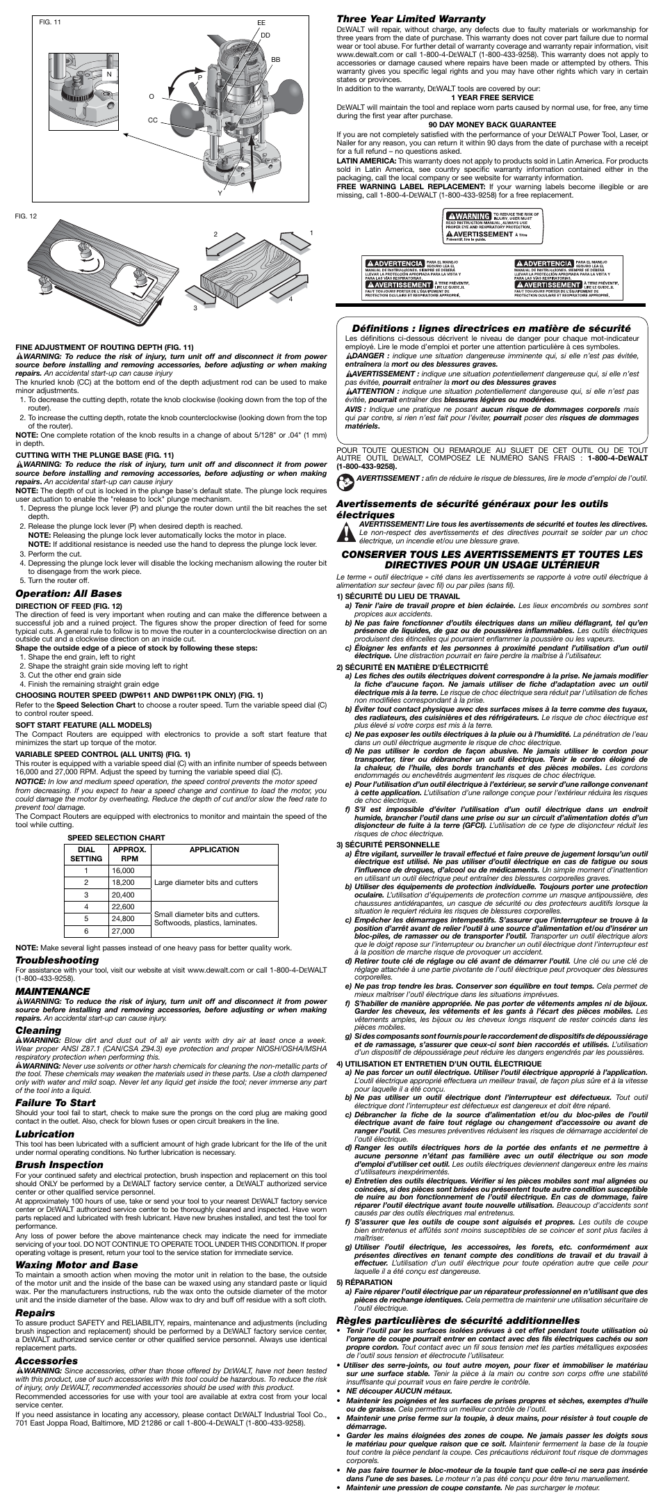 Operation: all bases, Troubleshooting, Maintenance | Cleaning, Failure to start, Lubrication, Brush inspection, Waxing motor and base, Repairs, Accessories | DeWalt DWP610 User Manual | Page 3 / 7
