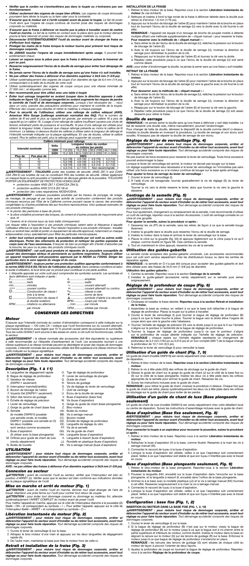Conserver ces directives moteur, Description (fig. 1 à 11), Utilisation | Connexion au secteur, Mise en marche et arrêt du moteur (fig. 1), Libération instantanée du moteur (fig. 2), Retrait et installation de la fraise (fig. 3), Douille de serrage, Réglage du levier de verrouillage (fig. 4), Centrage de la semelle (fig. 5) | DeWalt DWP610 User Manual | Page 4 / 7