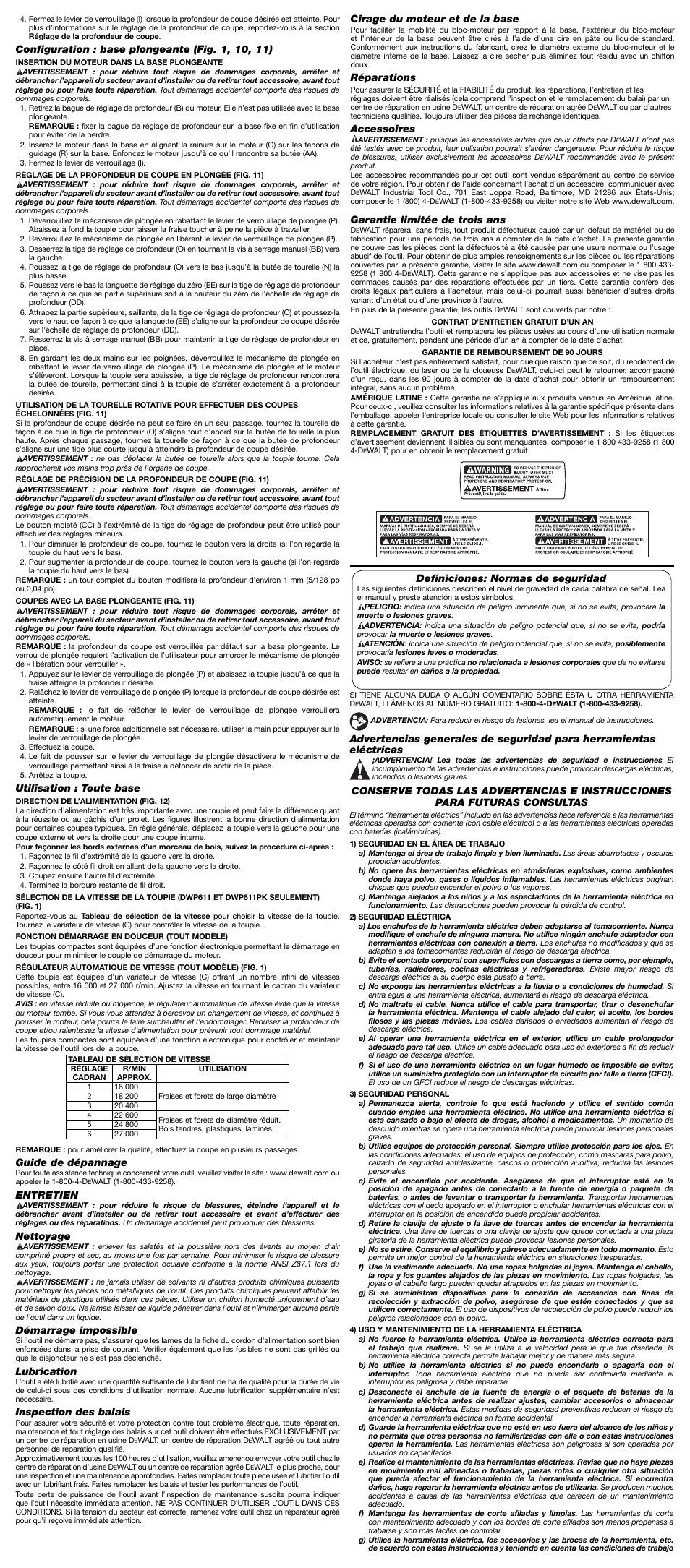 Utilisation : toute base, Guide de dépannage, Entretien | Nettoyage, Démarrage impossible, Lubrication, Inspection des balais, Cirage du moteur et de la base, Réparations, Accessoires | DeWalt DWP610 User Manual | Page 5 / 7