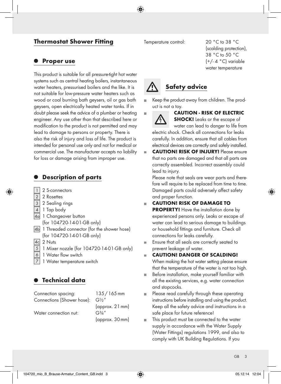 Thermostat shower fitting proper use, Description of parts, Technical data | Safety advice | Miomare 104720-14-02-GB User Manual | Page 3 / 8