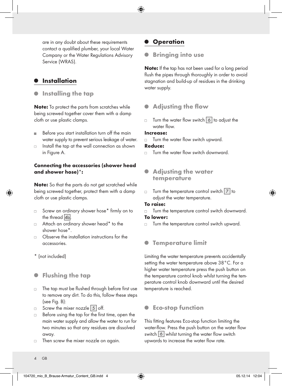 Installation installing the tap, Flushing the tap, Operation bringing into use | Adjusting the flow, Adjusting the water temperature, Temperature limit, Eco-stop function | Miomare 104720-14-02-GB User Manual | Page 4 / 8