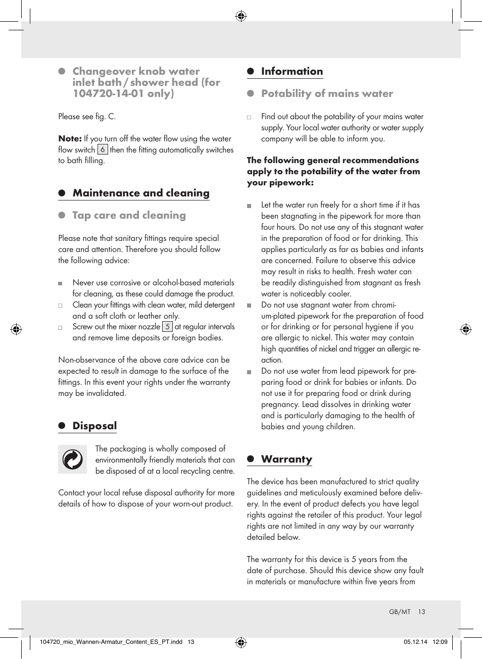 Maintenance and cleaning tap care and cleaning, Disposal, Information potability of mains water | Warranty | Miomare 104720-14-01/104720-14-02 User Manual | Page 13 / 20