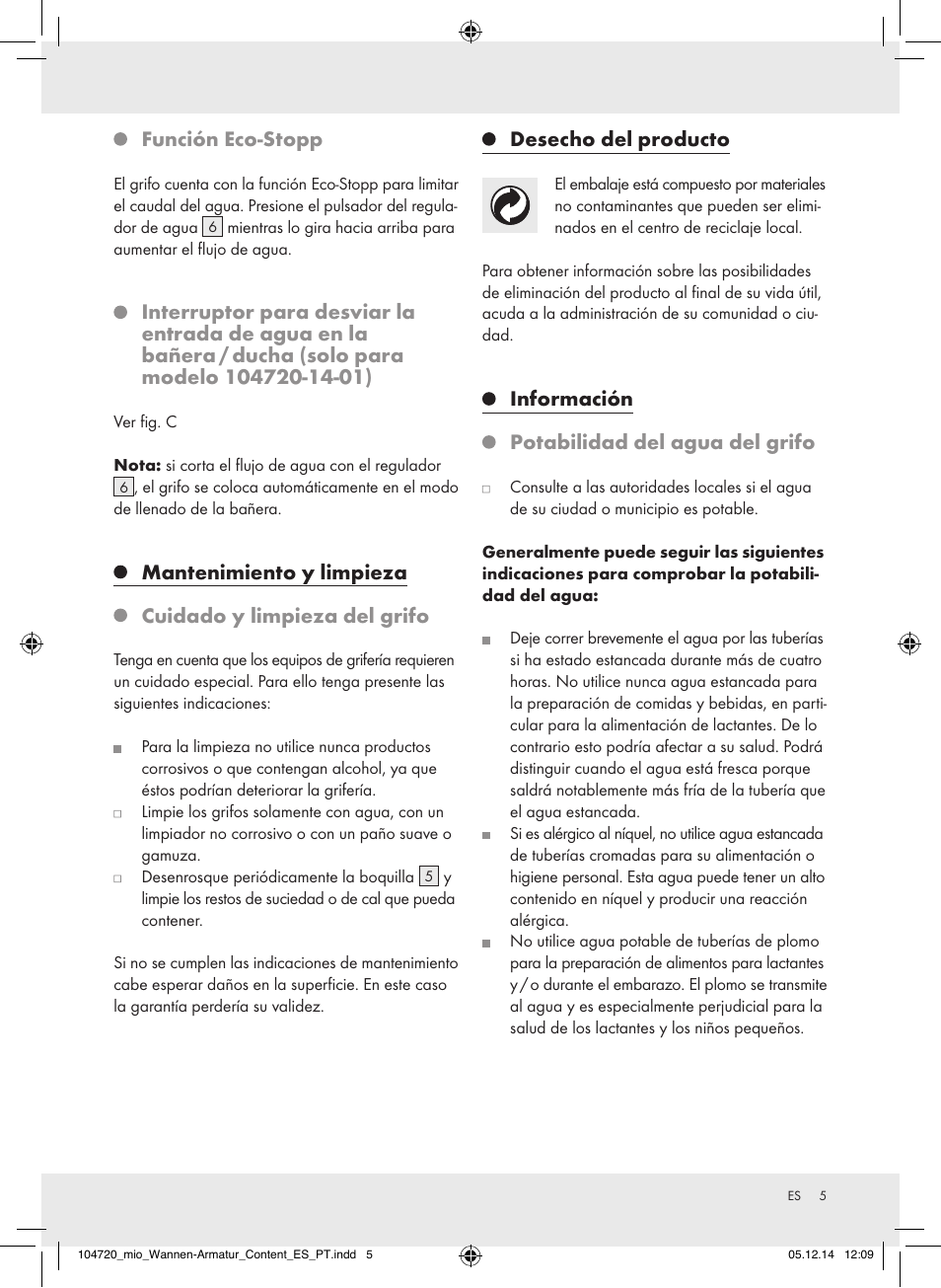 Función eco-stopp, Desecho del producto, Información potabilidad del agua del grifo | Miomare 104720-14-01/104720-14-02 User Manual | Page 5 / 20