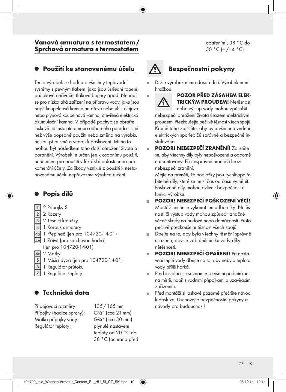 Popis dílů, Technická data, Bezpečnostní pokyny | Miomare 104720-14-01/104720-14-02 User Manual | Page 19 / 31