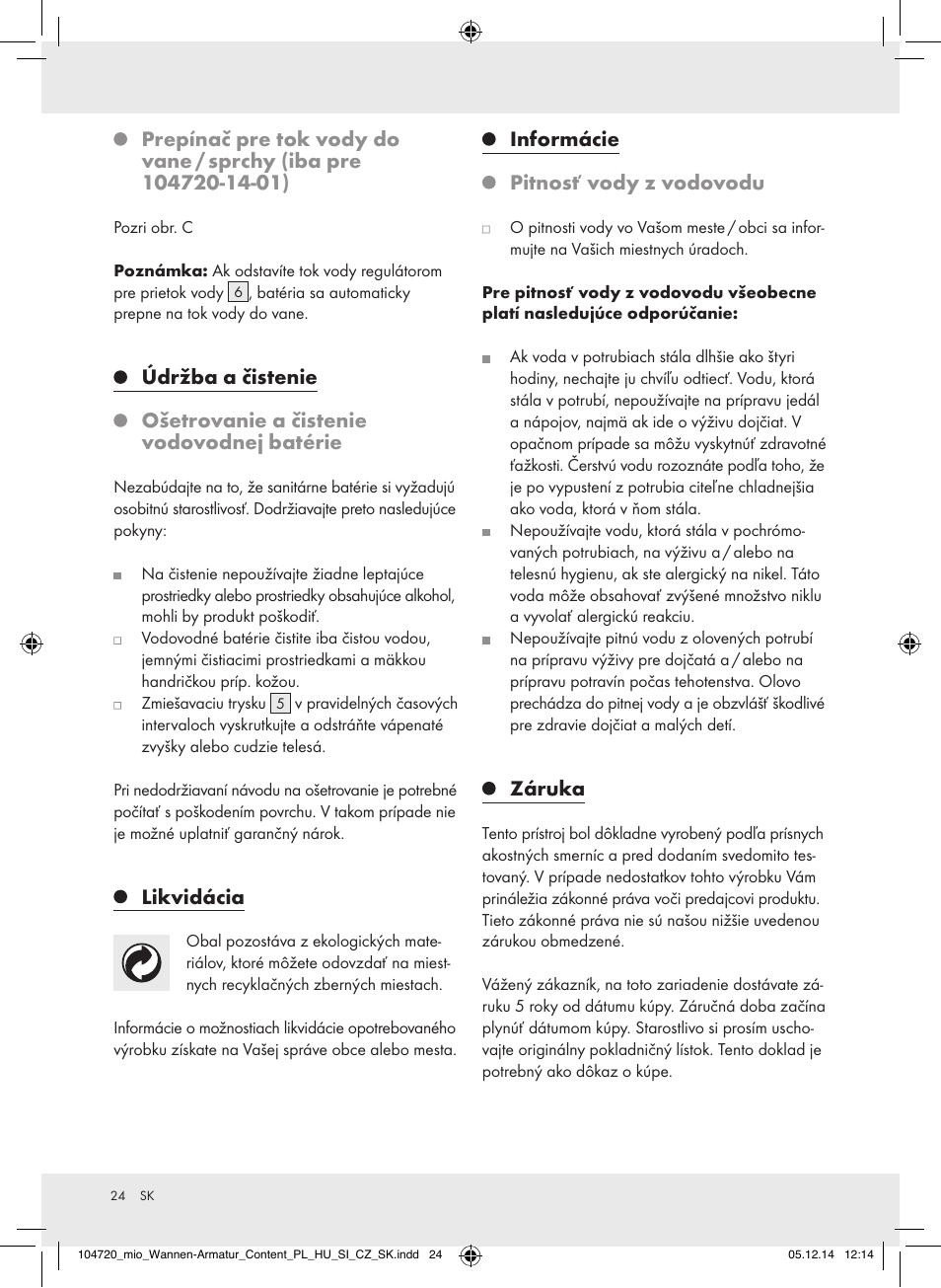 Likvidácia, Informácie pitnosť vody z vodovodu, Záruka | Miomare 104720-14-01/104720-14-02 User Manual | Page 24 / 31