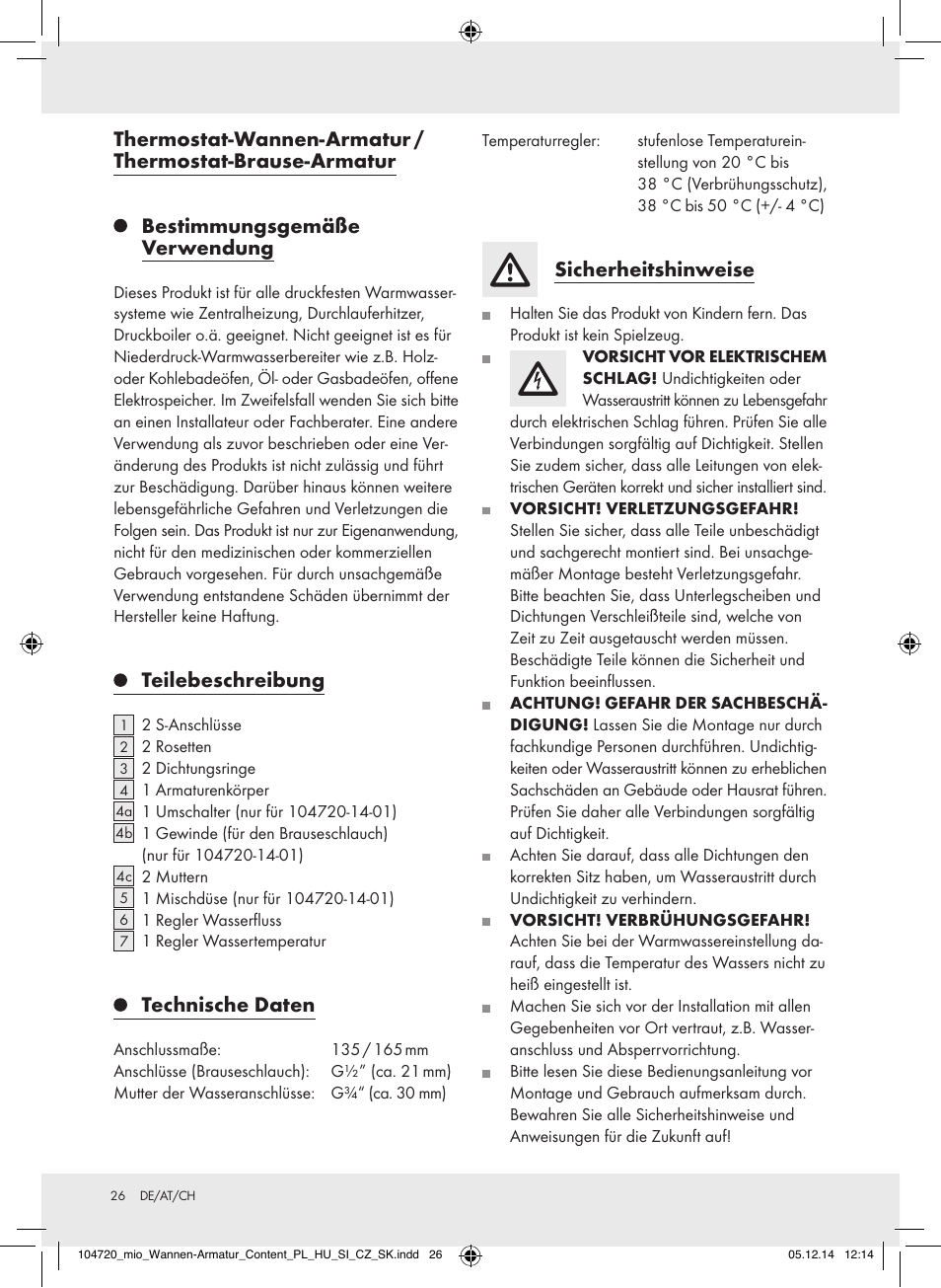 Teilebeschreibung, Technische daten, Sicherheitshinweise | Miomare 104720-14-01/104720-14-02 User Manual | Page 26 / 31