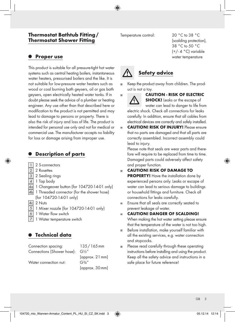 Description of parts, Technical data, Safety advice | Miomare 104720-14-01/104720-14-02 User Manual | Page 3 / 31
