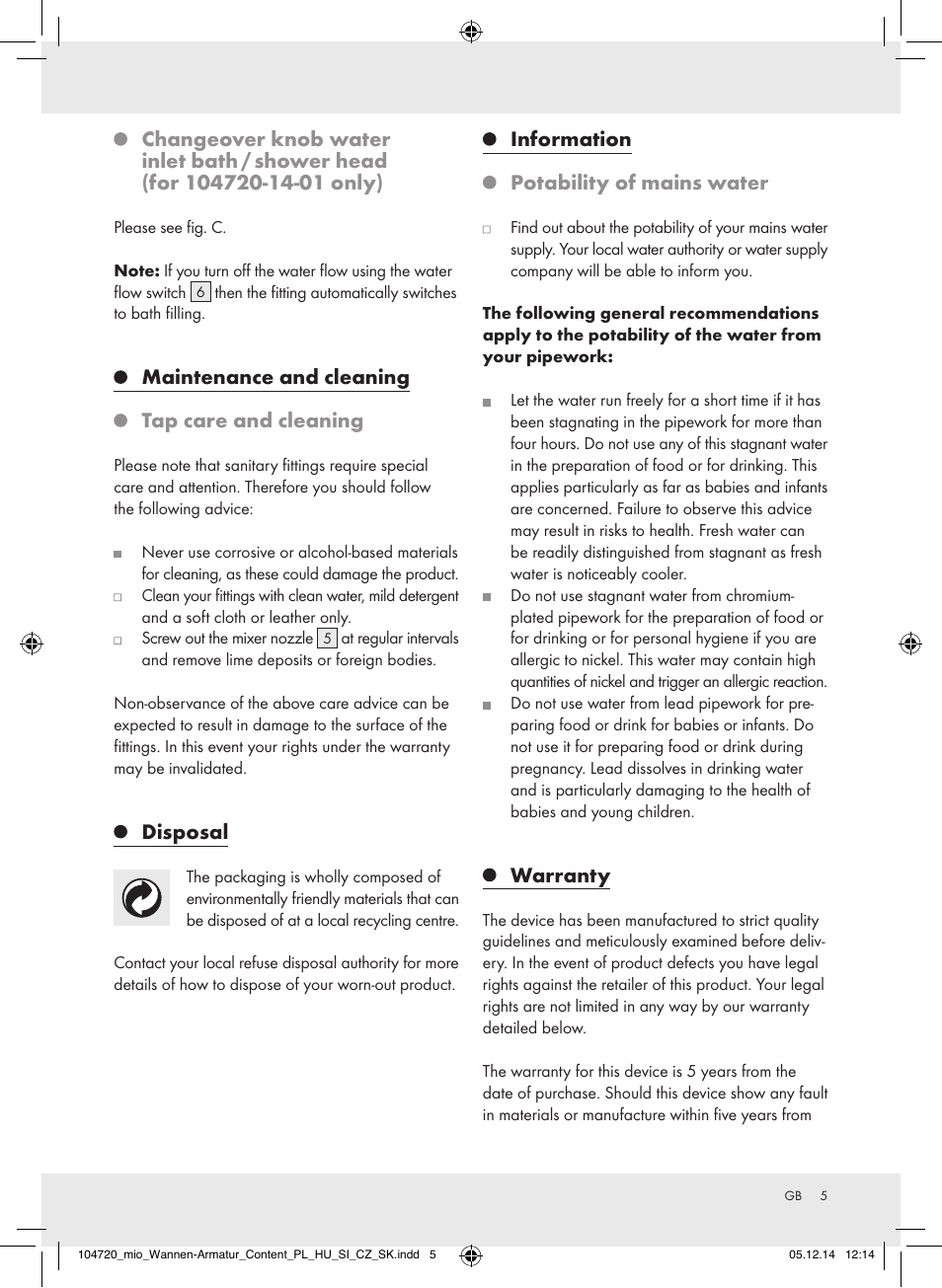 Maintenance and cleaning tap care and cleaning, Disposal, Information potability of mains water | Warranty | Miomare 104720-14-01/104720-14-02 User Manual | Page 5 / 31