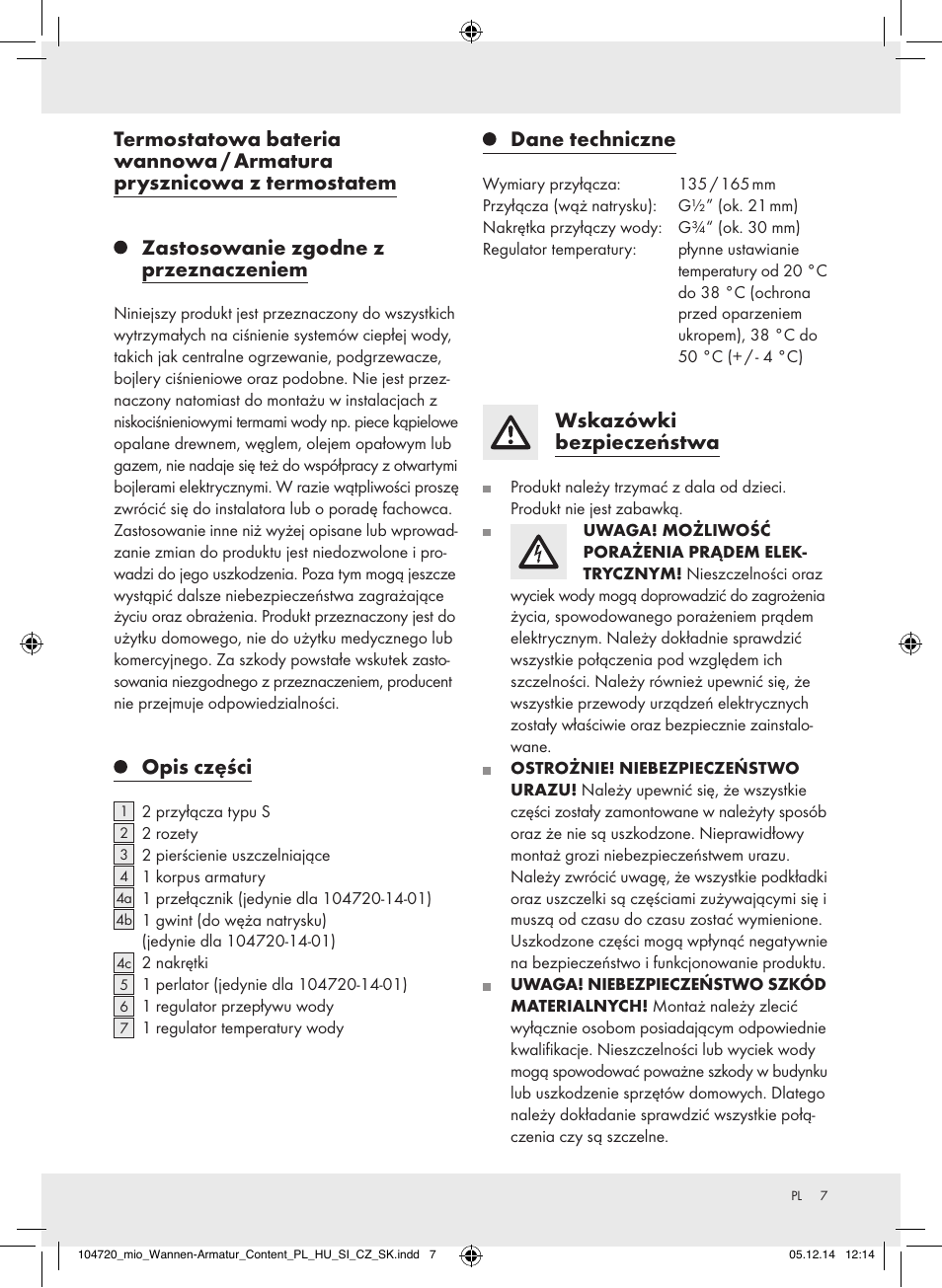 Opis części, Dane techniczne, Wskazówki bezpieczeństwa | Miomare 104720-14-01/104720-14-02 User Manual | Page 7 / 31